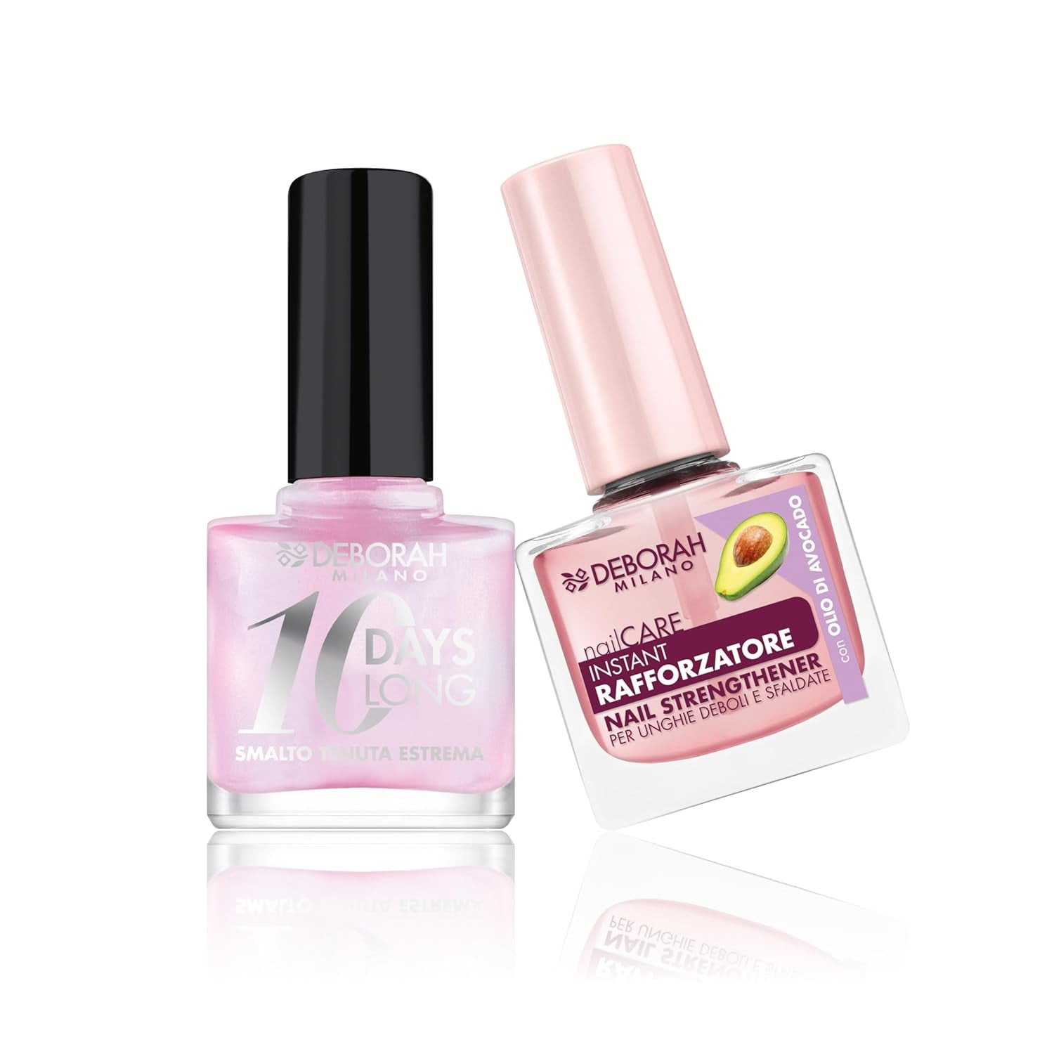 Set de ojă Milano pentru întărirea unghiilor fragile și umflate, 9,5 ml și ojă 10 Days Long N.882 Nude Rose, efect lucios cu fixare îndelungată, 11 ml