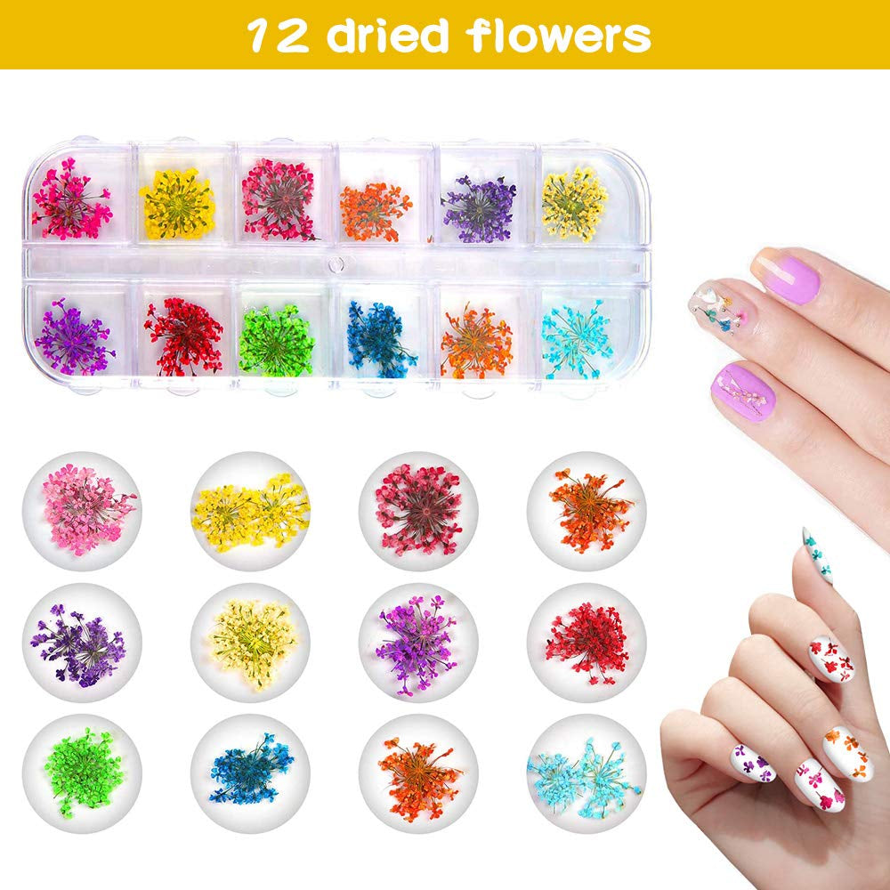 Getrocknete Blüten Nail Sticker, 2 Box 36 Stücke 3D Nail Art Kunstharz Blumen Sticker, Blüten Getrocknet Nagelkunst Trocken Blumen Nagel Zubehör Für Nagel Dekor DIY Design Mit 1 Gebogener Pinzette