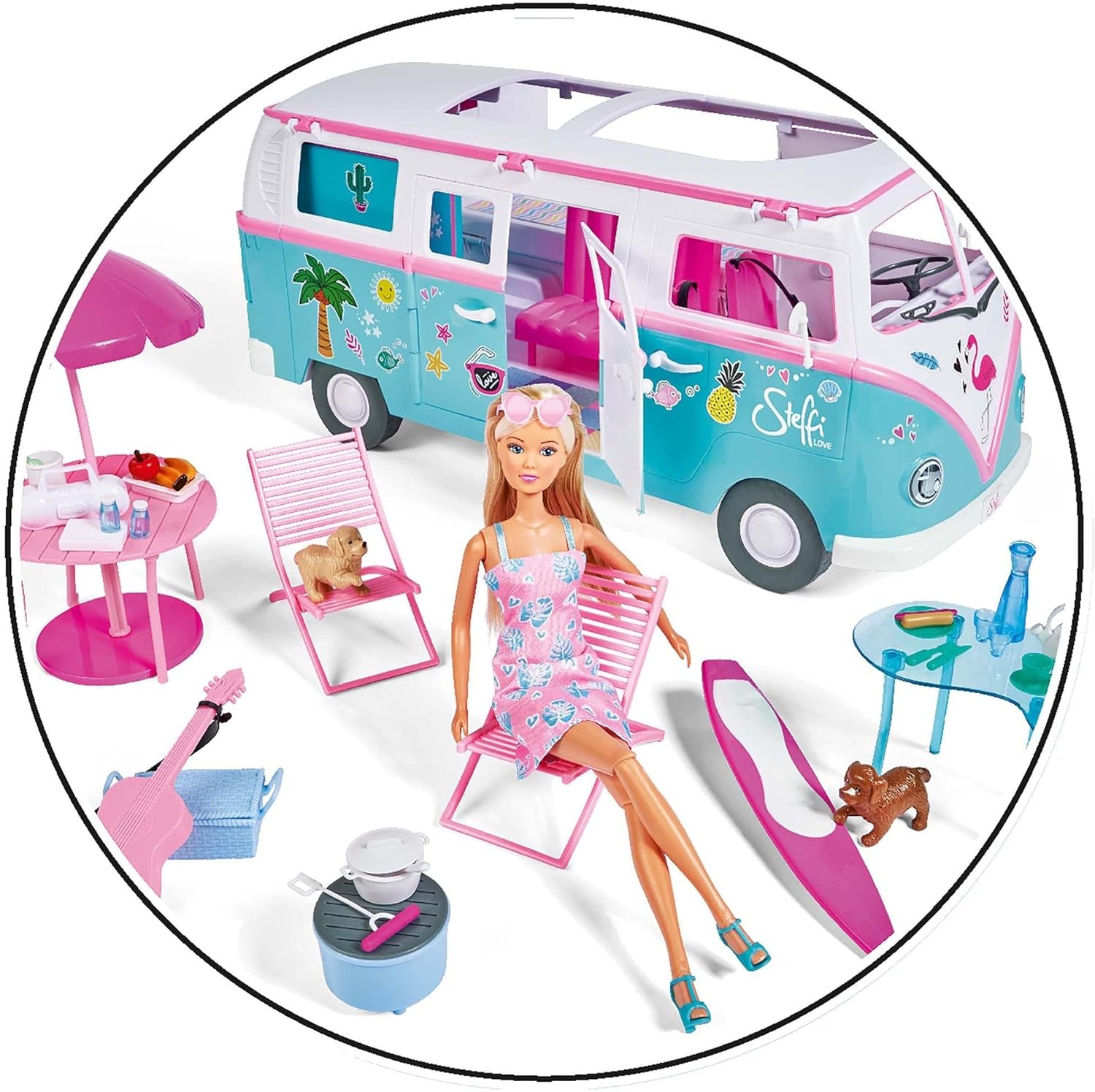 Simba Steffi Love Hawaii Camper / Puppe mit aufklappbarem Camper / inkl. Küche / Sitzecke / Bett / Tisch und viel Zubehör / L:51cm / 29cm / Für Kinder ab 3 Jahren geeignet, 105733523
