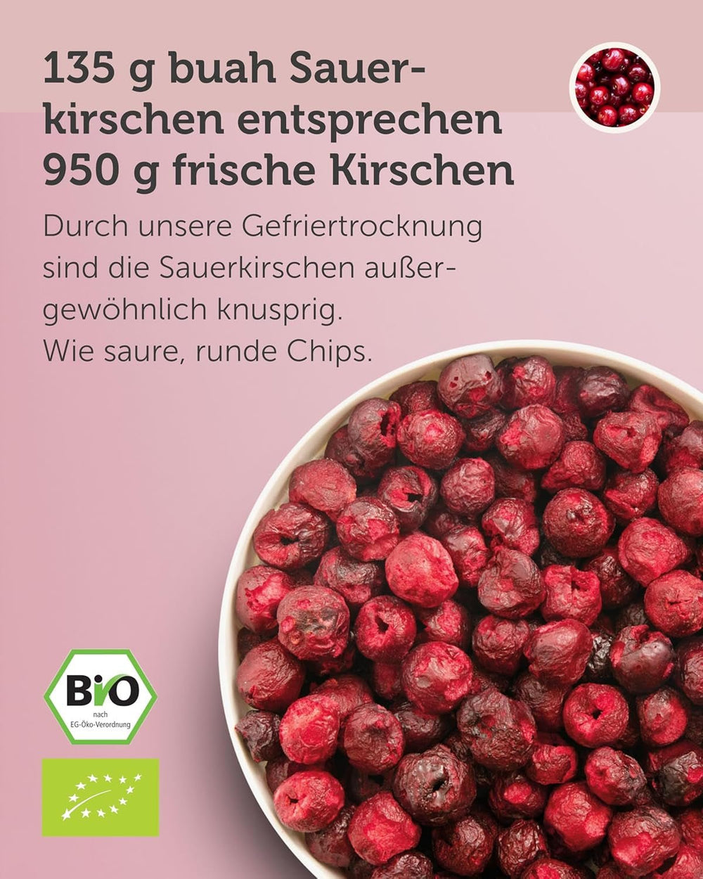 Cireșe amare liofilizate BUAH® | Cireșe amare întregi ca gustare sau pentru muesli | Înlocuitor ideal pentru bomboane | Vegan și fără zahăr adăugat | 135g Produse deshidratate Naty Shop