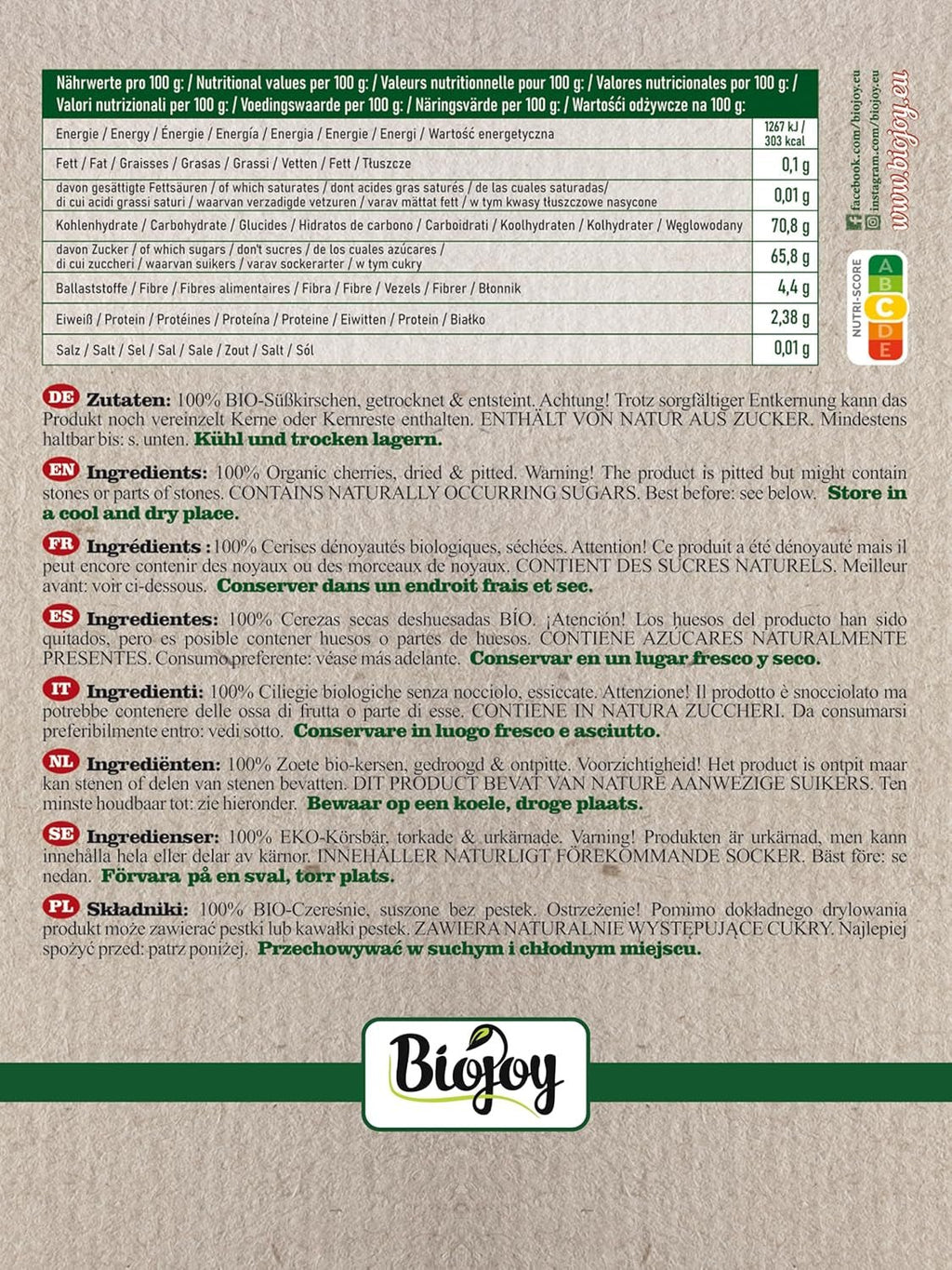 Cireșe dulci uscate bio Biojoy (500 g), fără sâmburi și fără sulf Produse deshidratate Naty Shop