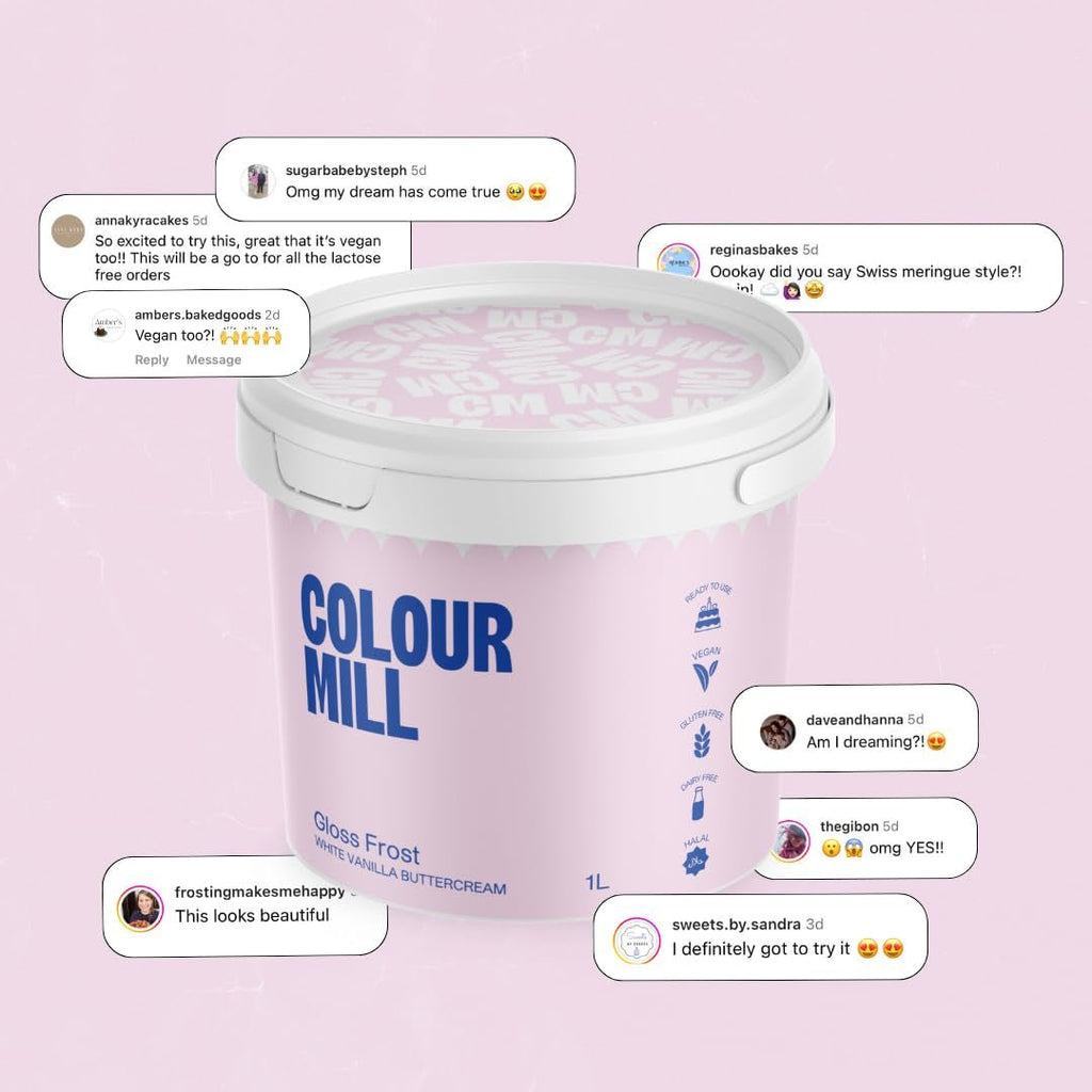 Colour Mill White Buttercream Gloss Frost, Cremă de unt albă în stil meringue elvețian, Vanilie cremoasă, Perfectă pentru glazurare, pipetare și umplere - 1 L Pasta de zahar Naty Shop