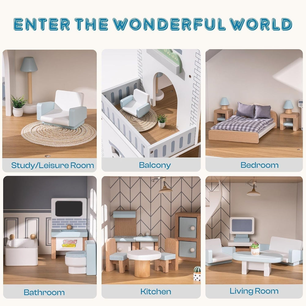 Puppenhaus aus Holz mit Lichtern, 3 Etagen, inklusive Möbeln und Treppen, Spielzeug für Puppenhäuser ab 3 Jahren, Naty Shop