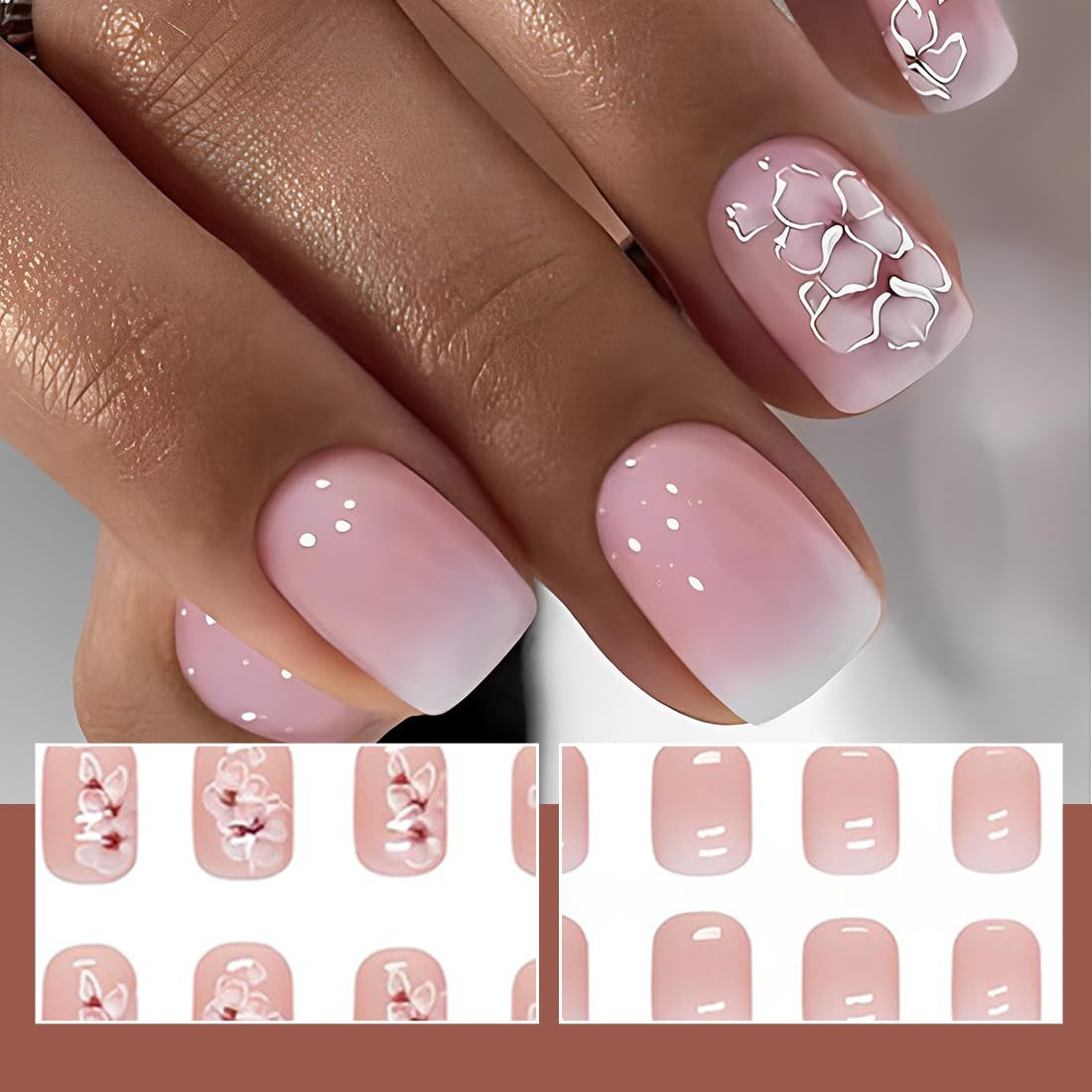 24 bucăți unghii pătrate albe pentru lipit pe unghii scurte cu model floral gradient roz presă pe unghii unghii artificiale unghii false pentru artă unghii pătrate franceze unghii artificiale pentru femei