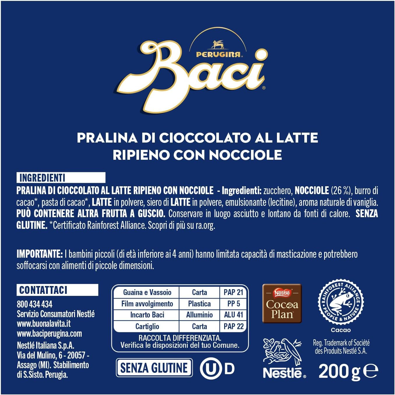 Perugina Baci, ciocolată cu umplutură de ciocolată cu lapte și alune, 200 grame Bomboane de Ciocolata Naty Shop