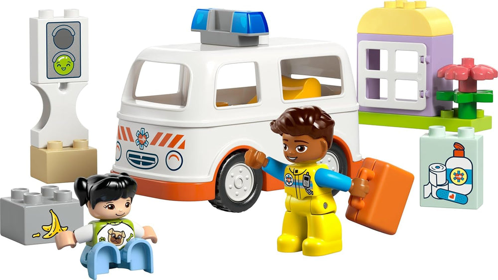 LEGO DUPLO Rettungswagen mit Fahrer - Lernspielzeug für Kleinkinder ab 2 Jahren - Montessori Spielzeug für Rollenspiele - Rettungswagen Spielzeug mit Auto, Haus, 2 Figuren - Geschenk für Kinder 10447