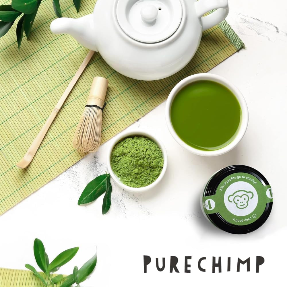 Pudră de matcha Purechimp de calitate ceremonială 50 g. Pudră de ceai 100% pură din culturi umbrite pentru latte, infuzii și rețete. Borcan reciclabil. Bogat în antioxidanți.