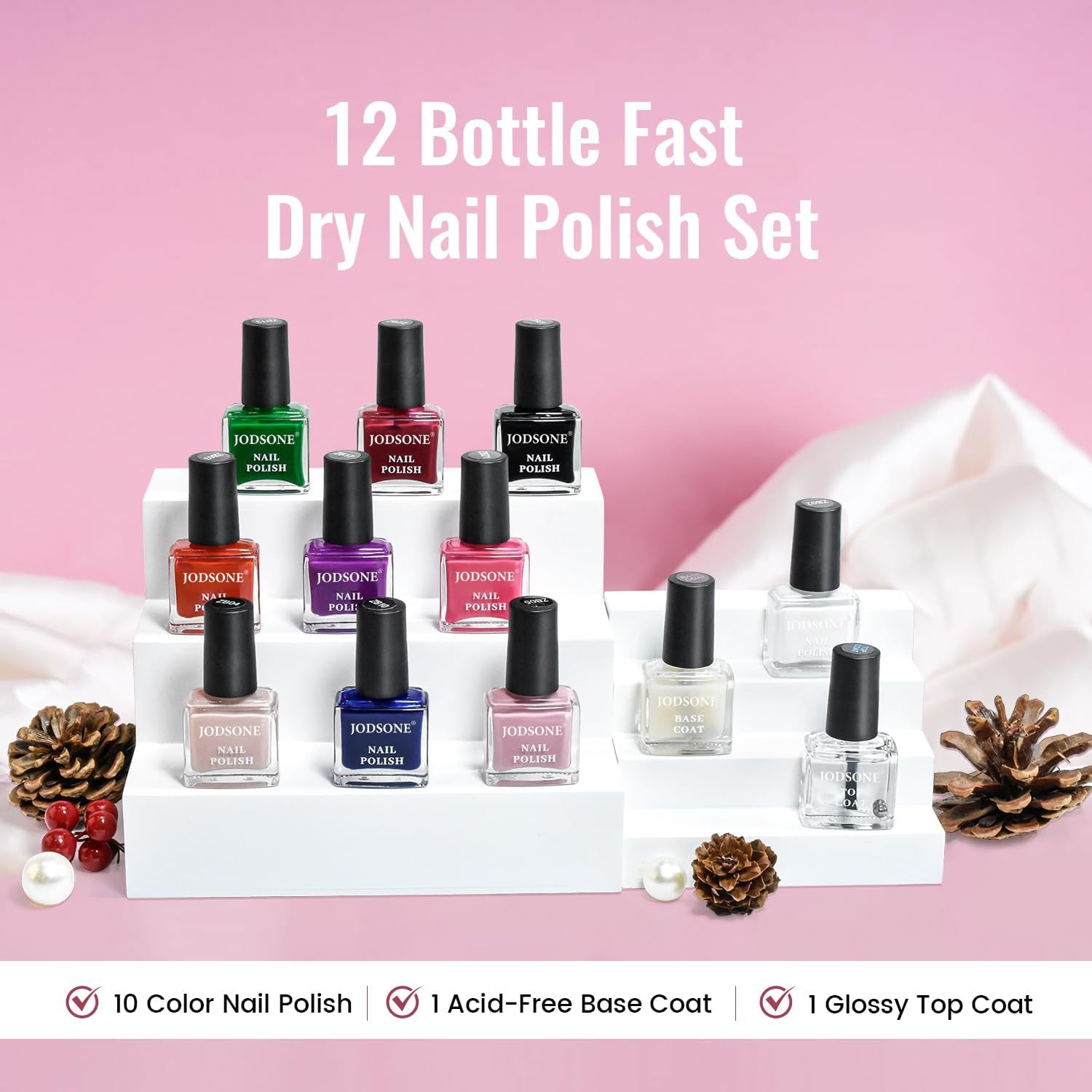 Set de ojă JODSONE cu 12 piese, combinație de 10 culori, 2 straturi de bază și top, ojă cu uscare rapidă pentru amatori și începători