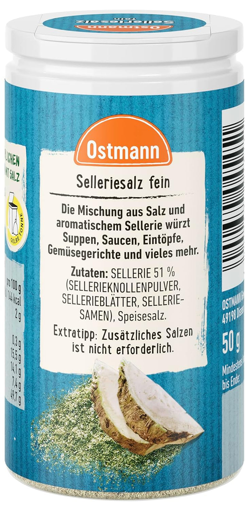 Ostmann Gewürze - Selleriesalz | Zum Verfeinern zahlreicher herzhafter Gerichte | Recyclebare, nachfüllbare Streudose | 50 g im Streuer