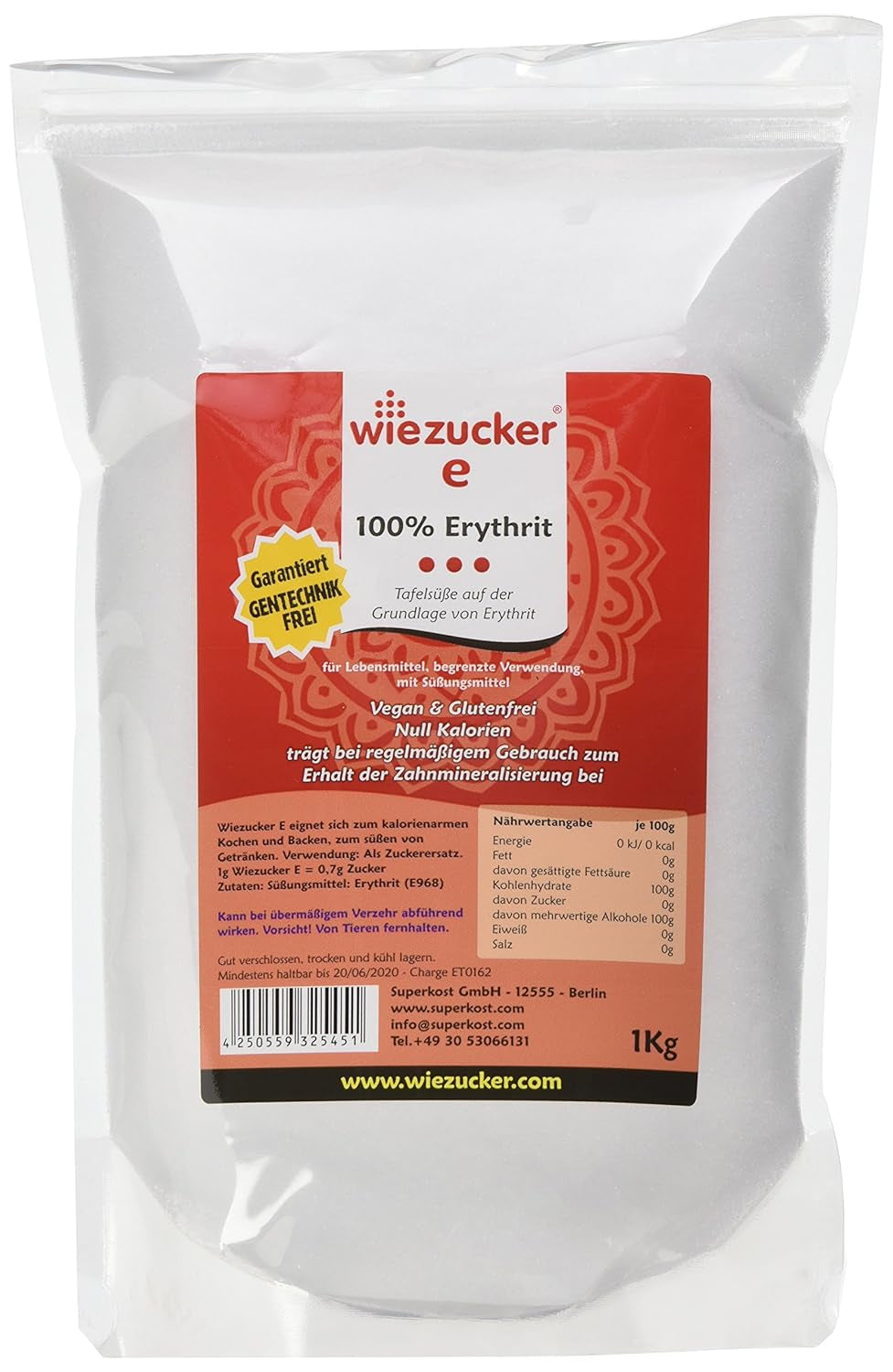Erythritol, 1er Pack (1 x 1 kg) 1000 Gramm Süßstoffe Naty Shop Single