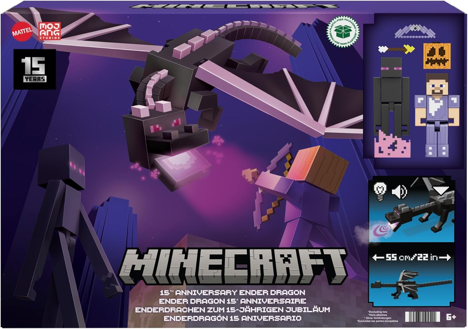 Mattel Minecraft Ender Dragon Actionfiguren-Set, Lichter, Lärm und Nebel mit Steve und Enderman, maßstabsgetreu ca. 8cm große Figuren HTN25 Actionfiguren Naty Shop