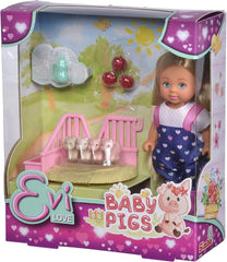 Simba 105733598 - Evi Love Baby Pigs, Puppe mit süßer Latzhose und Vier Babyschweinen, mit Äpfel, Trinkflasche und Gehege, 12cm Spielpuppe, ab 3 Jahren