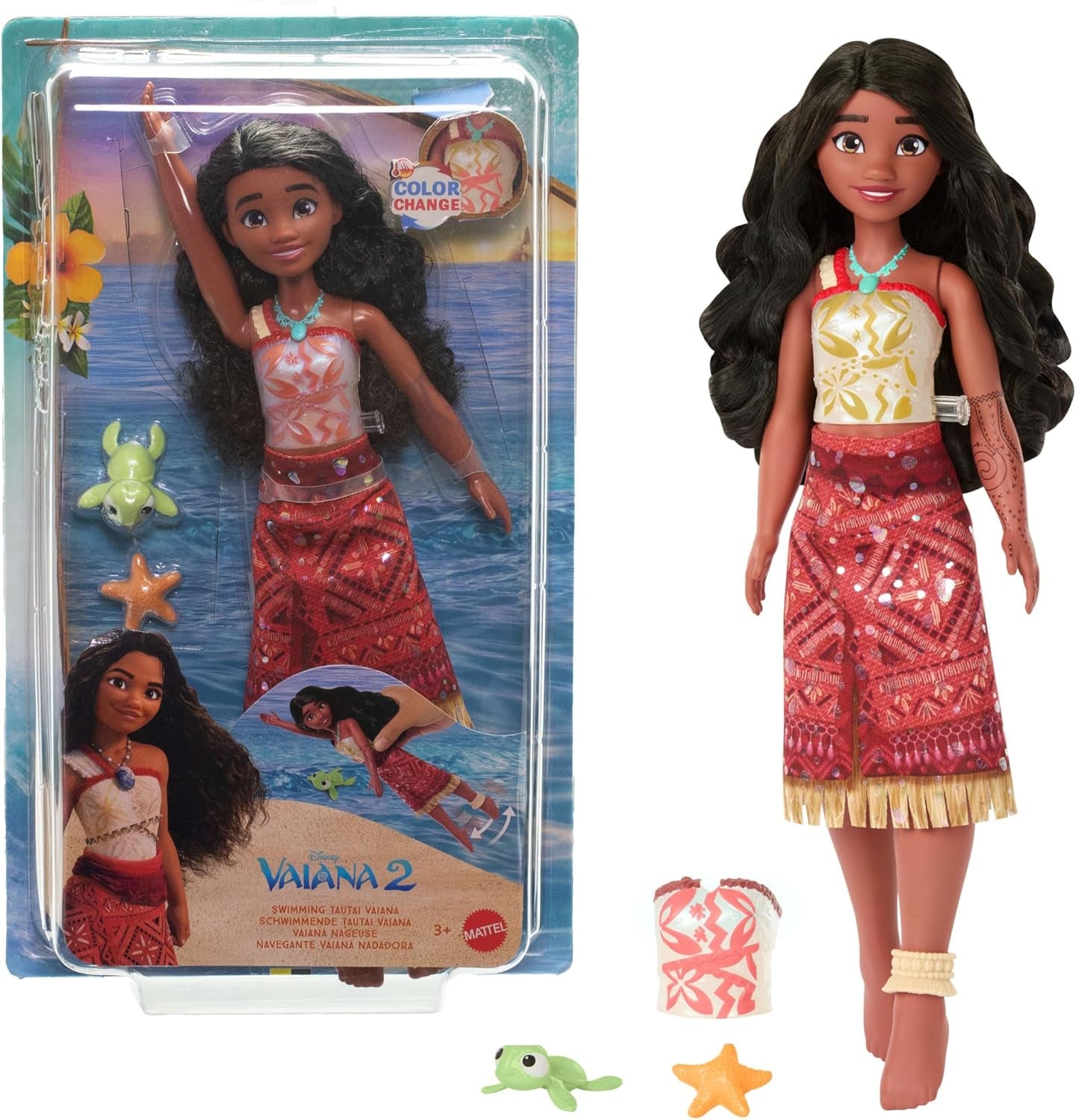 Mattel Spielzeuge aus Disney Vaiana 2, schwimmende Tautai Vaiana-Modepuppe mit 2 Zubehörteilen, Oberteil mit Farbwechsel und Beine für Schwimmbewegungen, vom Film inspiriert, JFF09