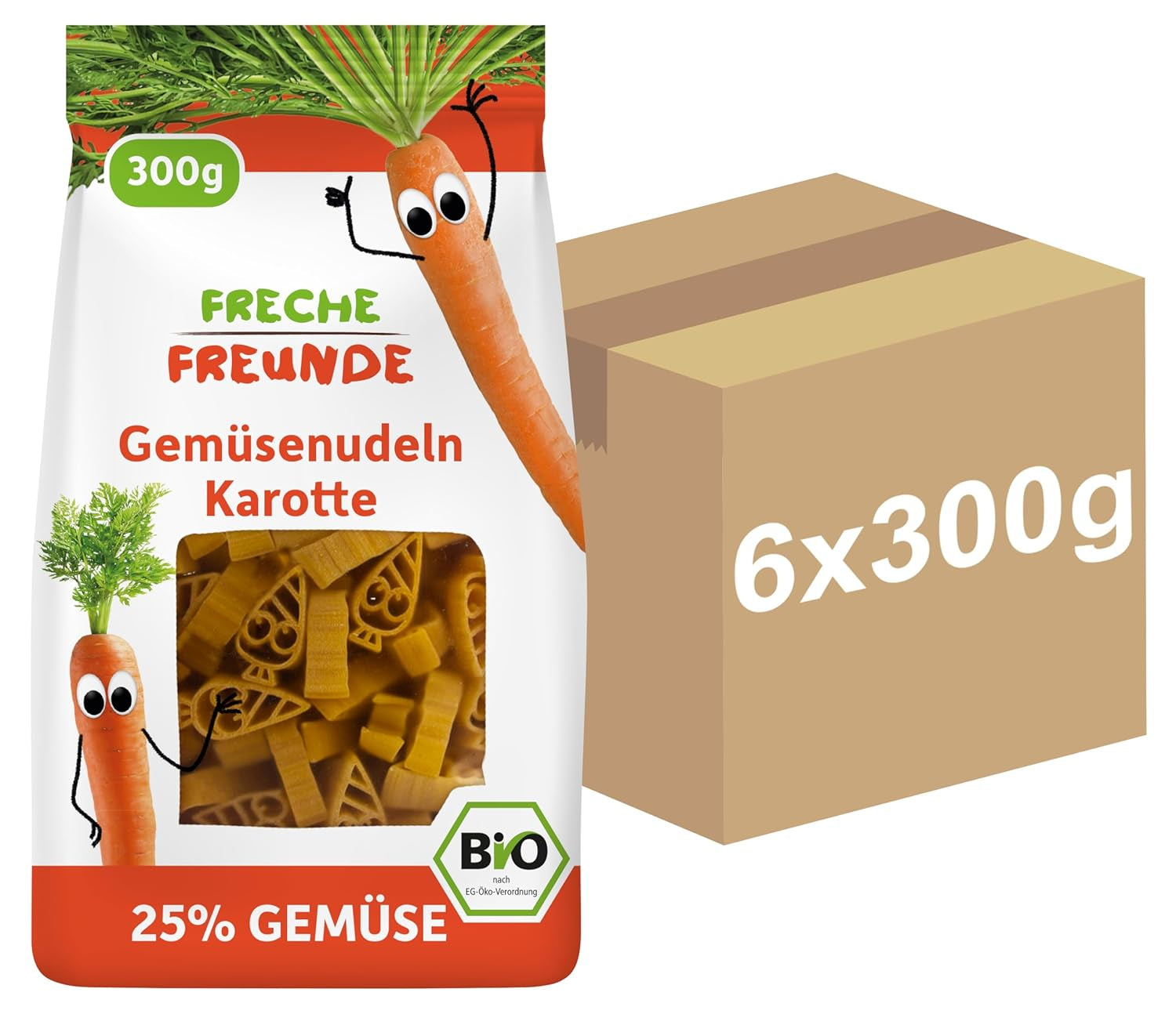 Freche Freunde Bio-Gemüsenudeln „Karotte“, 25 % Gemüseanteil, vegan, 6er-Pack (6 x 300 g)