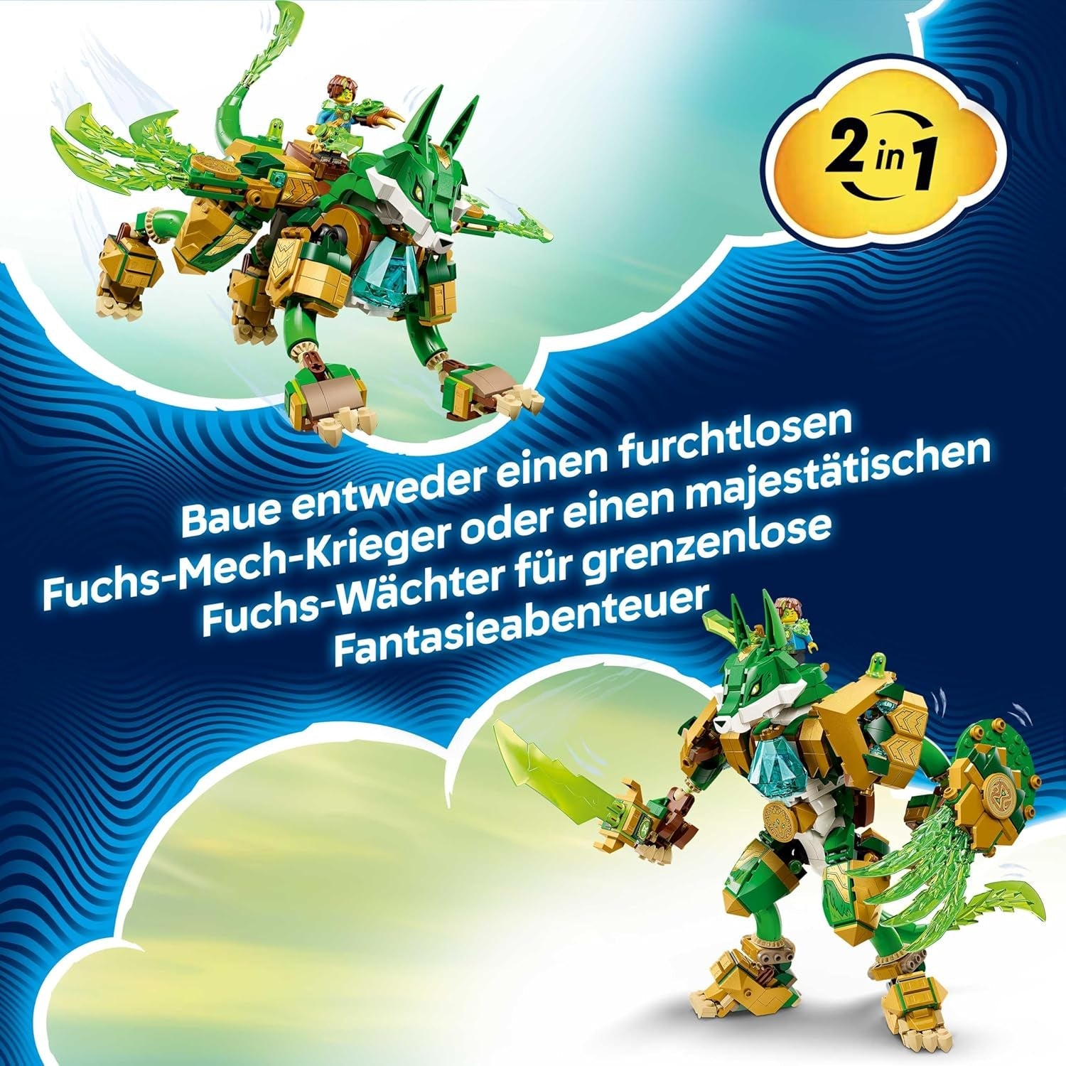 LEGO DREAMZzz 2in1 Fuchs-Wächtermech - Actionfigur, verwandelbar in Fuchskrieger - inkl. 3 Minifiguren und sammelbarer grüner Schatz-Kreatur - Geschenk für Jungen ab 9 Jahren – 71508