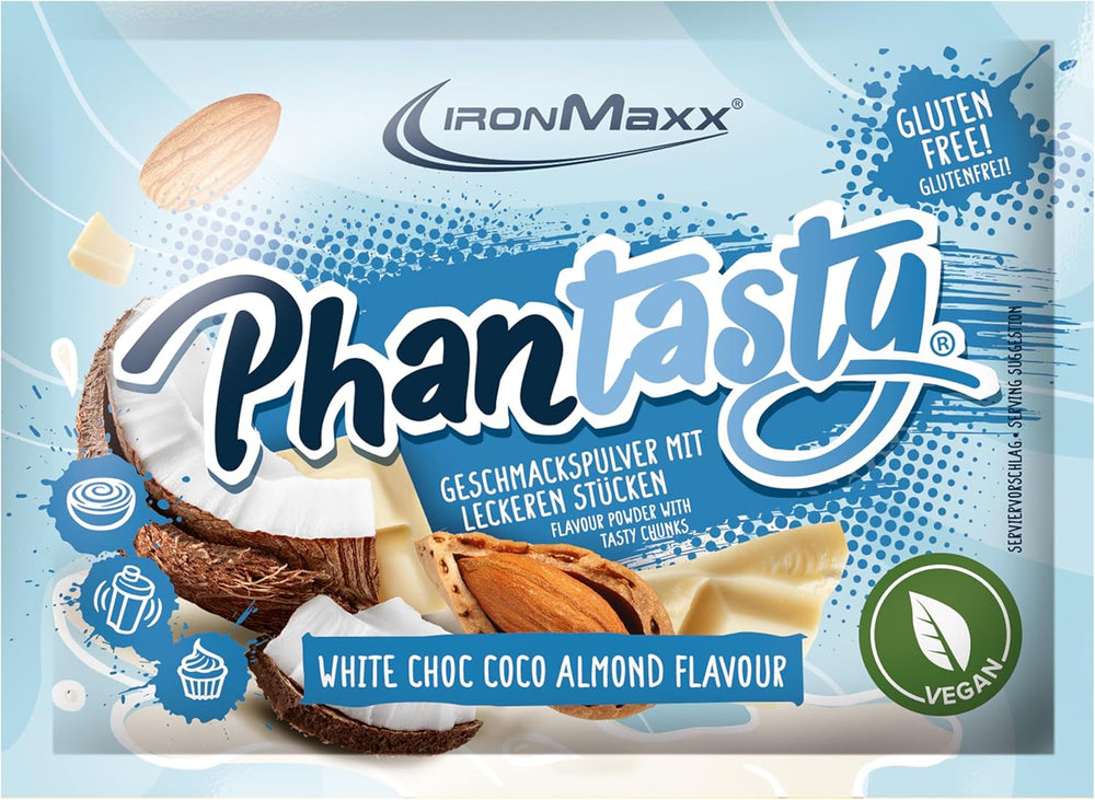Ironmaxx Phantasty - Cremiger Pfirsich 250G Dosis | Veganes Geschmackspulver mit echten Frucht- oder Nussstückchen | Perfekter Zuckerersatz Süßstoffe Naty Shop 15 G (1Er Pack) White Choc - Coco Almond