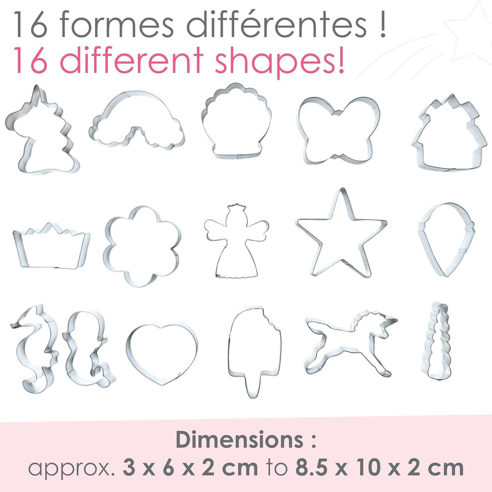 ScrapCooking - Set de 16 forme de biscuiți Unicorn - Forme de biscuiți - 16 piese - Curcubeu, Zână, Sirenă, Coroană, Floare - Formă de copt - Forme de biscuiți din oțel inoxidabil - 2027