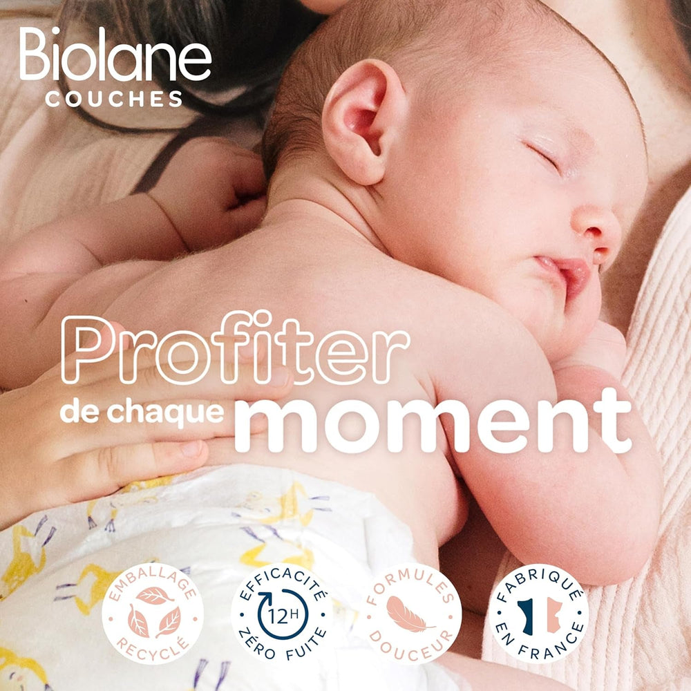 BIOLANE - Scutece scurte – Mărimea 5 (12-18 kg) – Etanșeitate 12 ore – Pachet pentru 1 lună – 120 scutece – ecologice