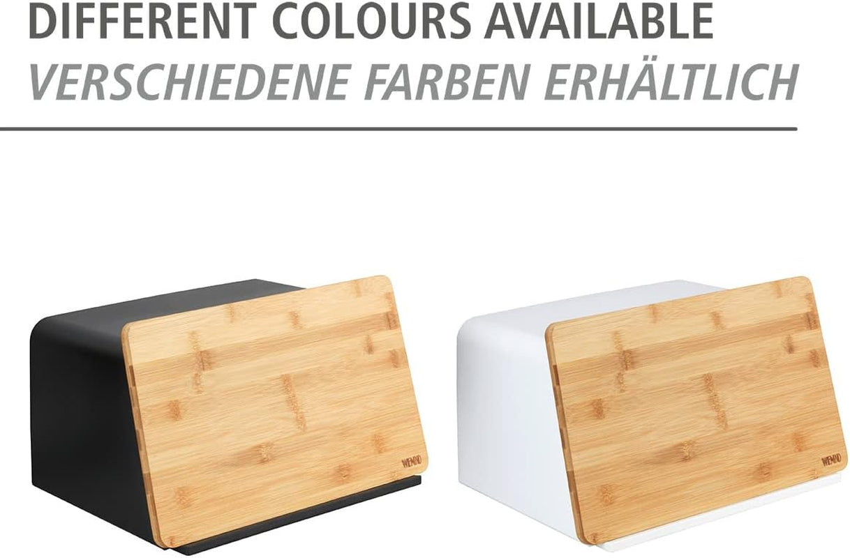 WENKO coș de pâine cu placă de bambus Kubo, depozitare versatilă a pâinii cu capac și placă de tăiere integrată din bambus, cutie de depozitare a alimentelor, depozitare durabilă a pâinii, 35 x 20,5 x 26 cm, negru/natură Cutii depozitare alimente Naty Shop