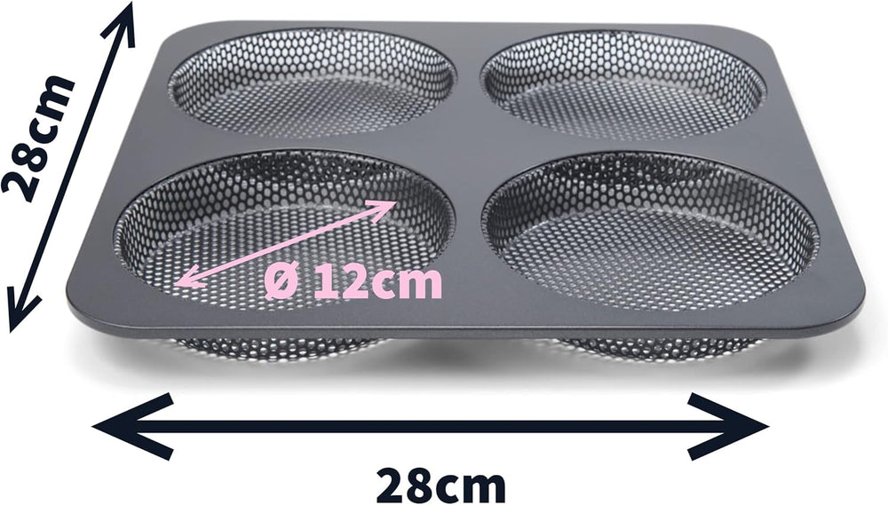 Hamburgerbrötchen, Perforiert, Antihaftbeschichte, 4 Runde Mulden Mit Je 12 Cm, Pfannengröße 28 X 28 Cm, 2,5 Cm Tief, Mittelgroß, Schwarz Formen und Tabletts zum Backen Naty Shop
