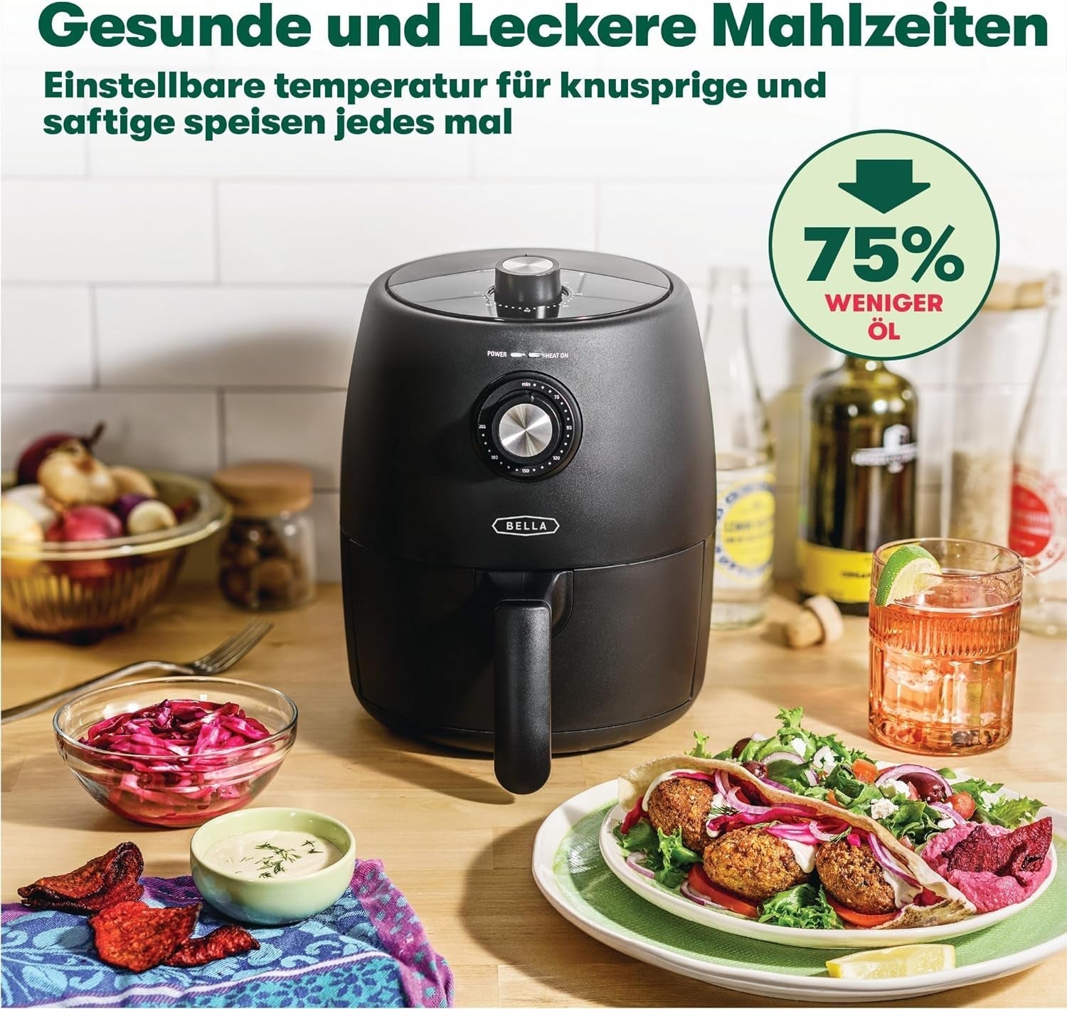 BELLA Heißluftfritteuse 1,9 l, kompakter 5-in-1-Multikocher, Antihaftbeschichtung, spülmaschinenfester Korb, Haushaltsgeräte Naty Shop