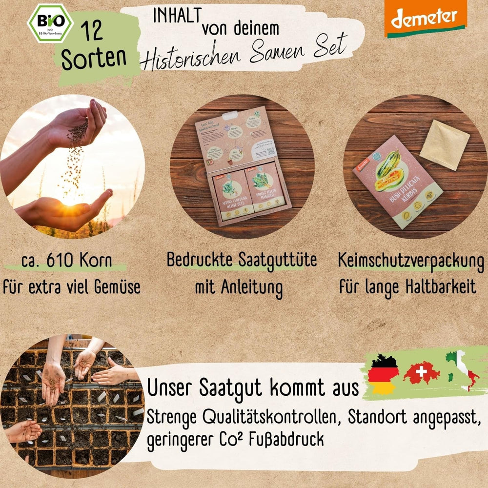 Set de semințe de legume organice - 12 varietăți de semințe de legume Demeter | Semințe de legume rare și de familie, toate polenizate liber | Soiuri de legume de familie pentru balcoane, paturi înalte, grădini și cadou | Loveplants