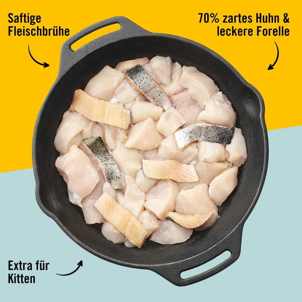 Dogs'n Tiger Schlemmermenü Glückskind, Nassfutter für Kätzchen, saftiges Huhn und Forelle - ohne Getreide, Zuckerzusatz, künstliche Konservierungsstoffe, optimale Verträglichkeit, 12x 200g