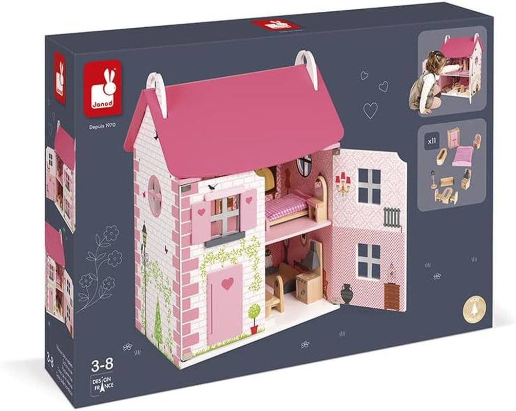 Janod - Mademoiselle Puppenhaus aus Holz, 3 Etagen und 11 Zubehörteile, Spielzeugnachbildung, fördert die Fantasie, ab 3 Jahren, J06581, Pink Naty Shop Dollhouses