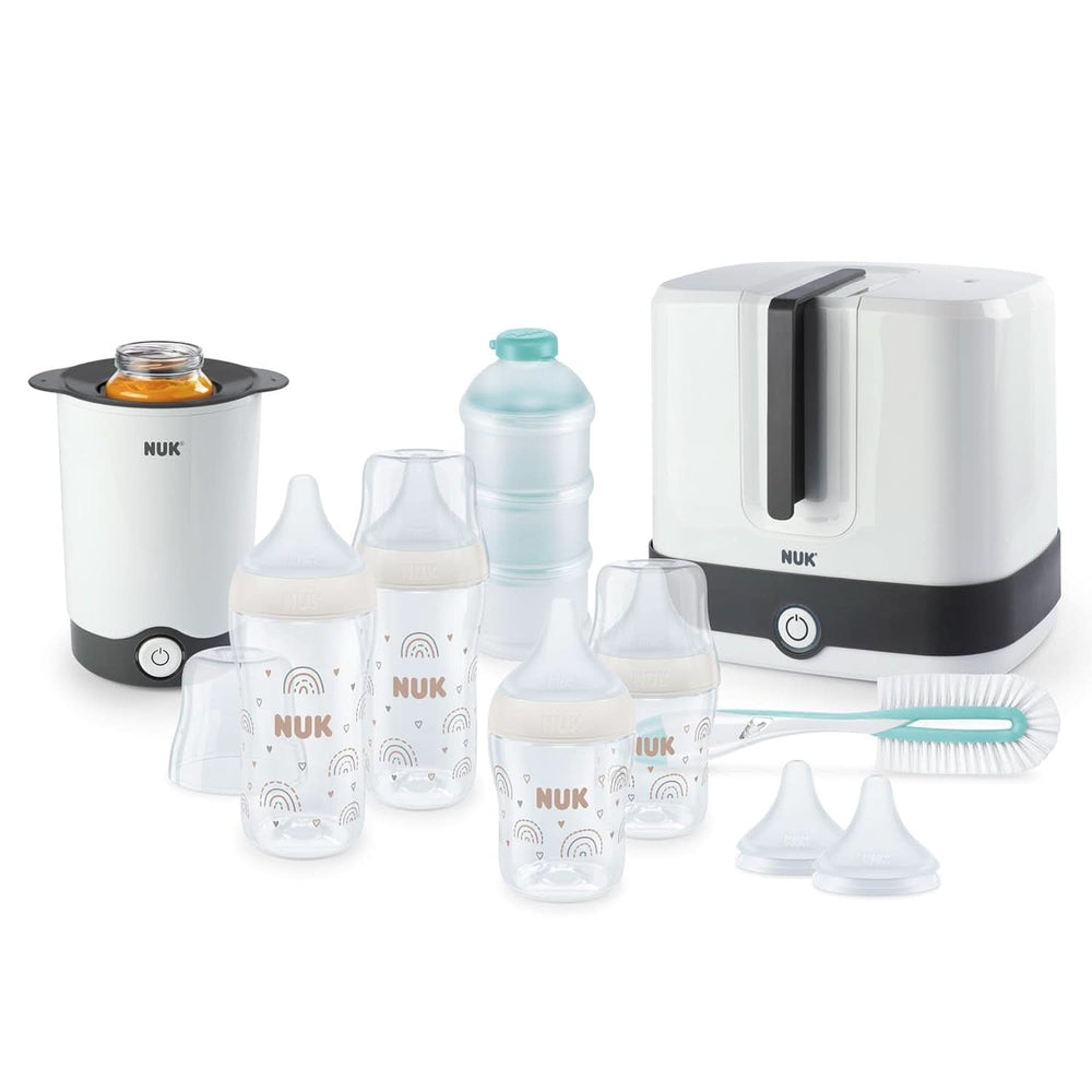 NUK Handmilchpumpen-Set, weiches Silikonkissen, 2 perfekt aufeinander abgestimmte Flaschen, 150 ml Lebensmittel- und Stillzubehör Bebe Naty Shop Perfect Match Set
