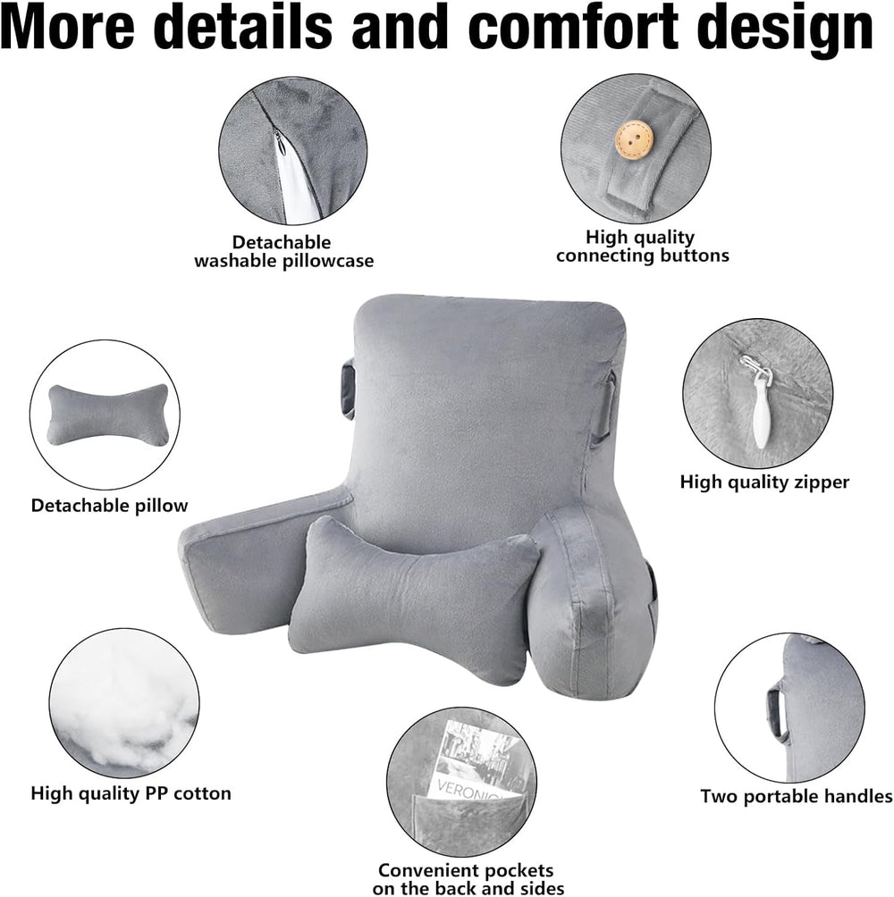 Pernă de citit pentru adulți în pat, 90x80cm (LxÎ) Spătar extra mare pentru citit cu suport detașabil pentru gât și braț de susținere, pernă de citit confortabilă pentru pat, canapea sau spătar pe podea