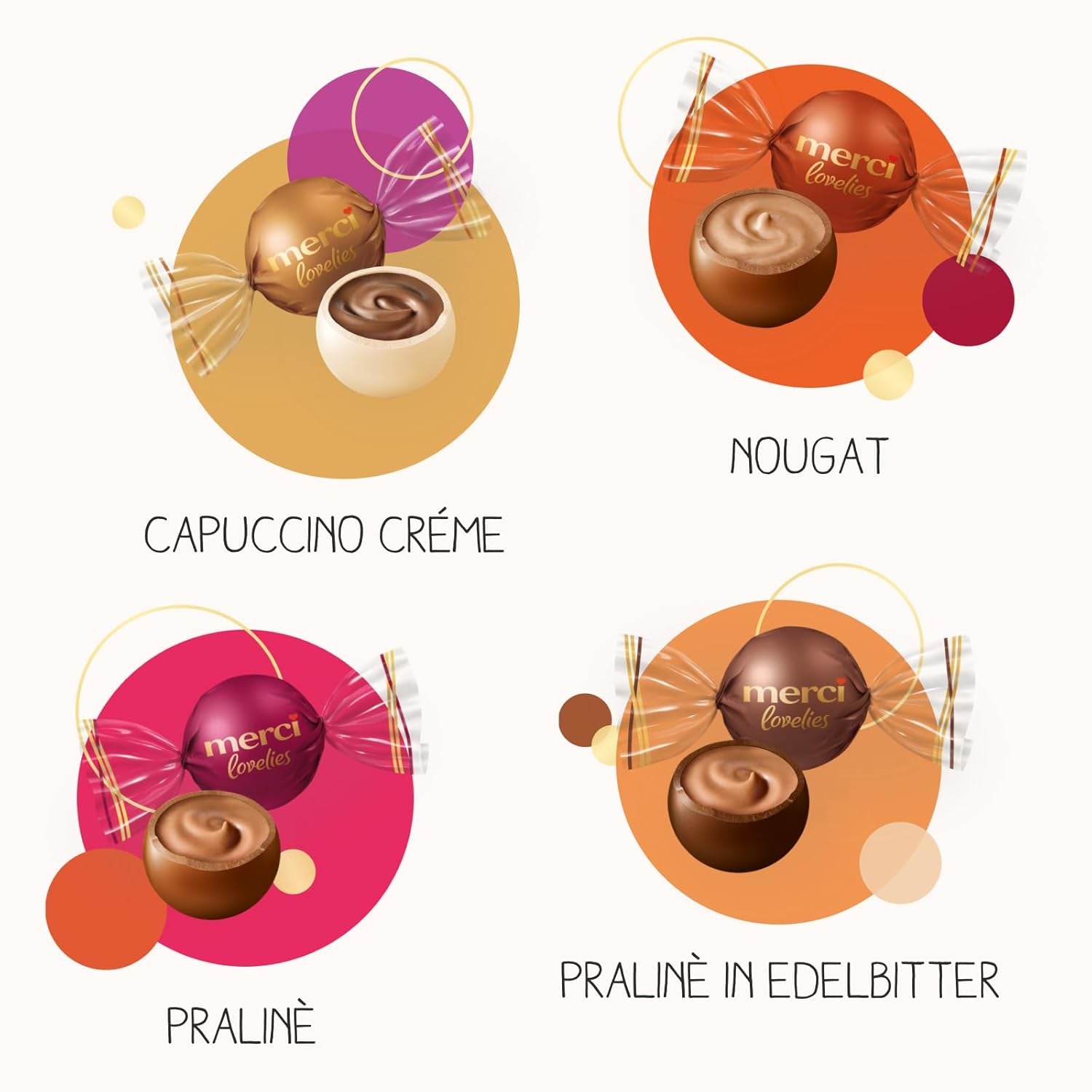 merci lovelies Cremos – 1 x 185 g – Cutie de praline cu 4 specialități de ciocolată umplute – Bile de ciocolată pentru a fi împărțite și oferite cadou