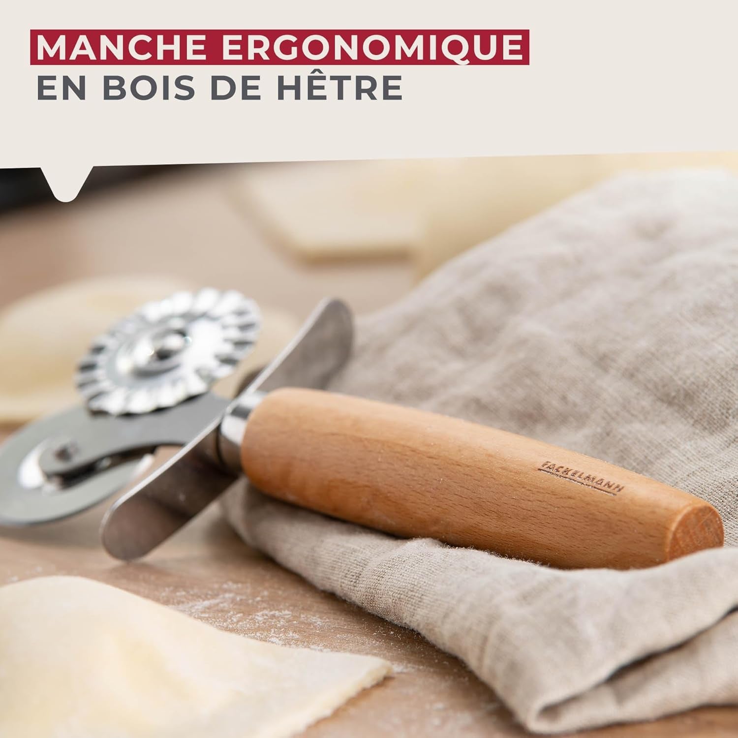 Roată de patiserie Fackelmann pentru ravioli, Maultaschen sau fursecuri – roată de patiserie din oțel inoxidabil cu aliaj de zinc – pentru paste de casă – mâner ergonomic din lemn de fag
