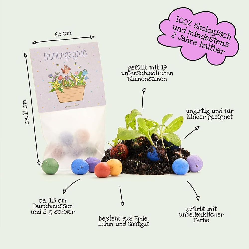 Bunte Blumenmurmeln "Frühlingsgruß" L 10 X5 Kleine Saatkugeln in Einem Tütchen Mit Blumenkorb-Motiv L Geschenk Zu Ostern, Im Frühling, Als Gastgeschenk Oder Als Dankeschön Für Erzieher, Lehrer