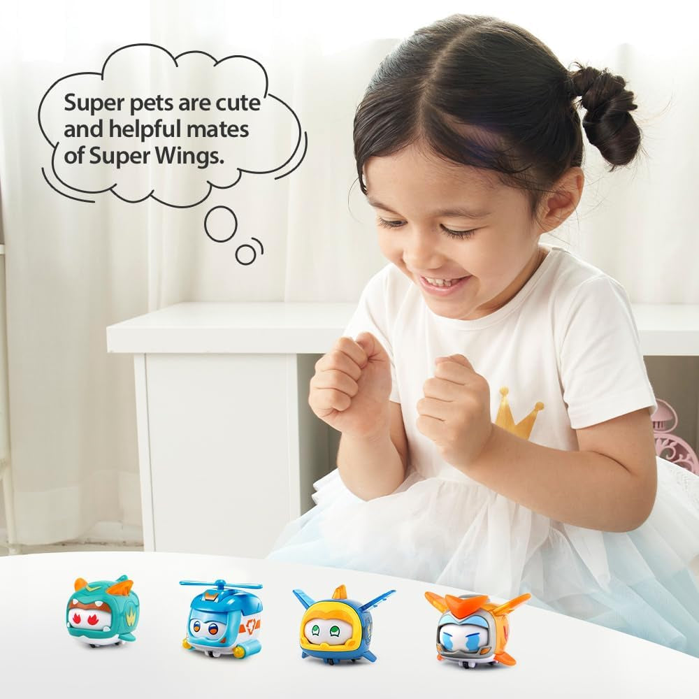 Super Wings Super Pets 4 Stück Shine, Golden Boy, Jerome, Ellie, umschaltbarer Gesichtsausdruck, Blitzeffekt, tragbares Spielzeug für 3, 4, 5, 6, 7, 8 Jahre alte Jungen und Mädchen, 5,1 cm große Actionfiguren, Naty Shop