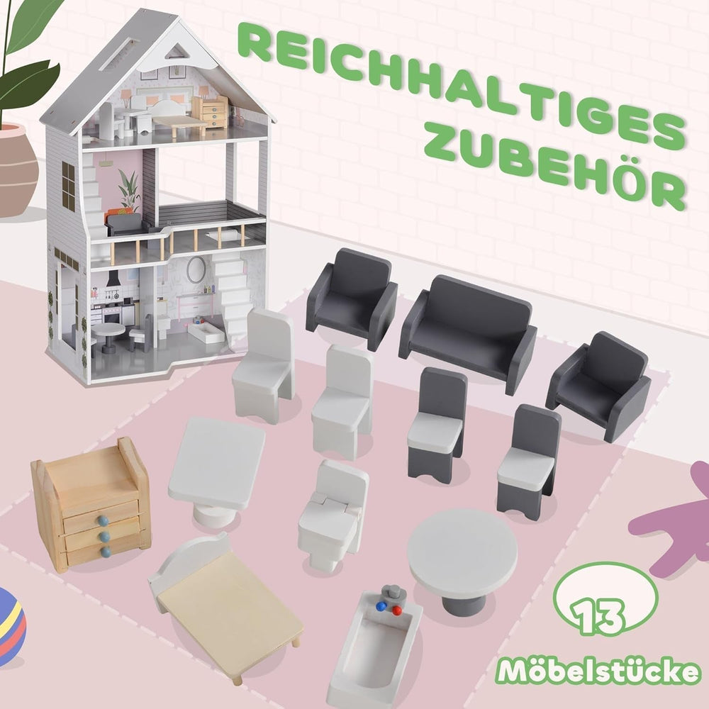 AIYAPLAY Puppenhaus aus Holz, 3-stöckiges Spielhaus mit 13 Möbelstücken, Zubehör, 85,3 cm hohes Puppenhaus für 3–6 Jahre, graue Puppenhäuser Naty Shop