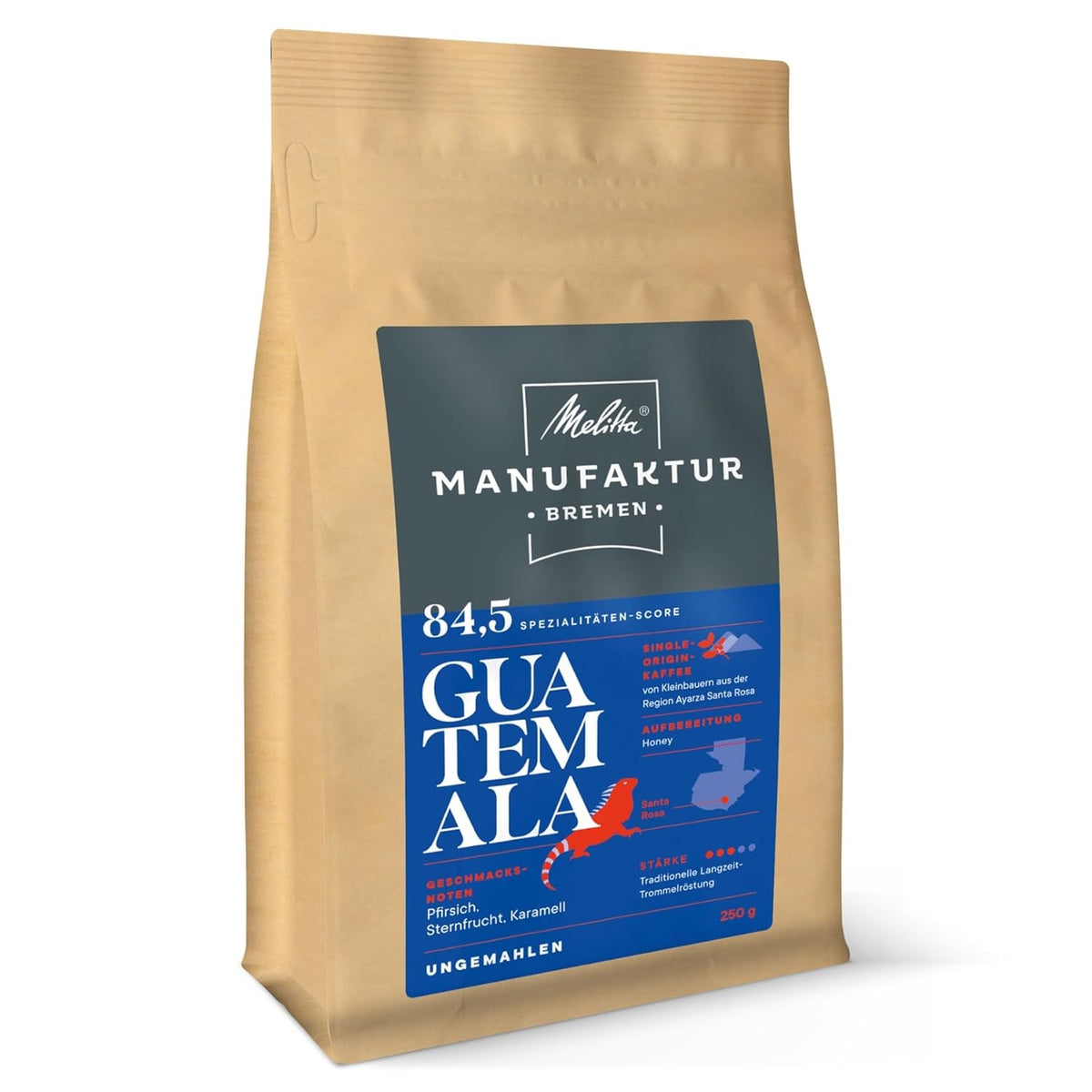 Melitta Manufaktur-Kaffee Guatemala-Honig, Spezialkaffee, 250 g, ganze Kaffeebohnen, ungemahlen, Single-Origin-Kaffee, zarte Trommelröstung, in Deutschland geröstet, Stärke 3 Naty Shop Coffee 250 Gramm Guatemala-Honig, ganze Bohnen