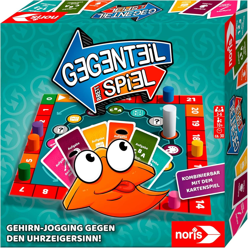 Noris 606062080 - Gegenteil Spiel (Brettspiel ab 10 Jahren) - kombinierbar mit dem Kartenspiel - verrücktes Konzentrationsspiel für Kinder und Erwachsene für 3-6 Spieler