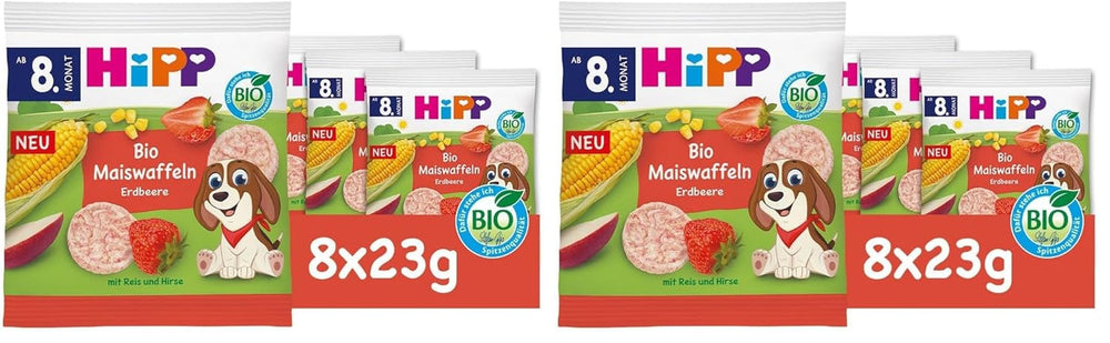 HiPP Vafe Organice din Porumb cu Căpșuni (8 x 23 g), gustare pentru bebeluși de la 8 luni, îndulcită doar cu fructe și legume, fără gluten, de cea mai bună calitate organică (pachet de 2)