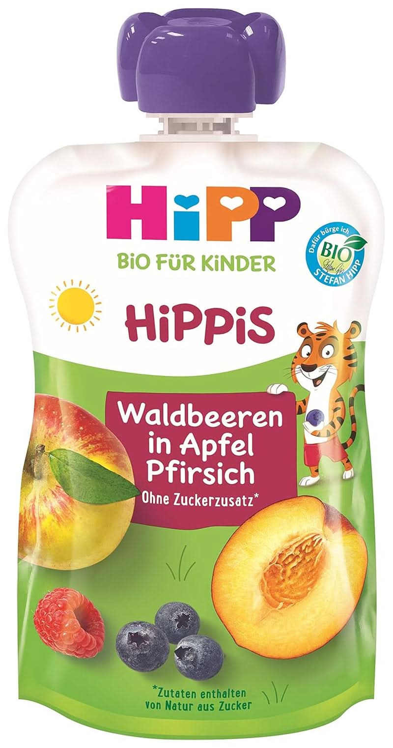 Hipp Super-Hippis Quetschbeutel, Granatapfel-Acerola in Apfel-Himbeere, 100 % Bio-Früchte ohne Zuckerzusatz, 6 Beutel à 100 g Mutter und Kind Naty Shop 6 x 100 Gramm Wildfrüchte, Apfel-Pfirsich