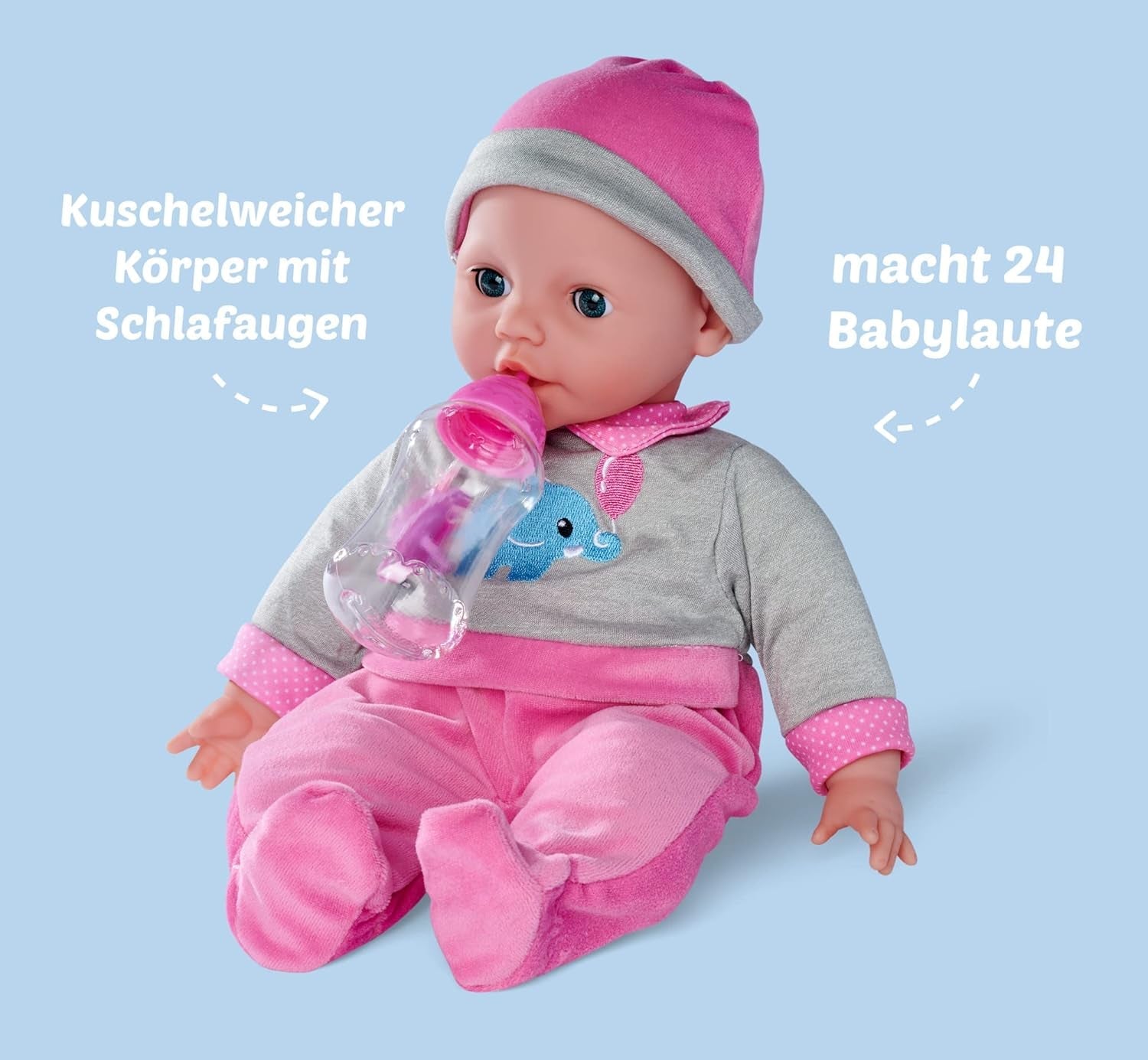 Simba 105140066 - Laura Interactiv, Weichkörperpuppe mit Schlafaugen, brabbelt bei Bewegung, trinkt von Flasche und schläft EIN, 40cm, Babypuppe ab 2 Jahre