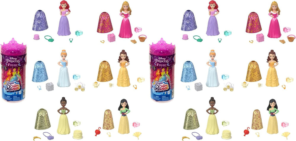 DISNEY PRINZESSIN Color Reveal-Puppen - 6 Überraschungen, Wasseraktiviert, Zubehör, für Kinder ab 3 Jahren, Arielle, Tiana, Mulan, Cinderella, Belle, Aurora, HPX39