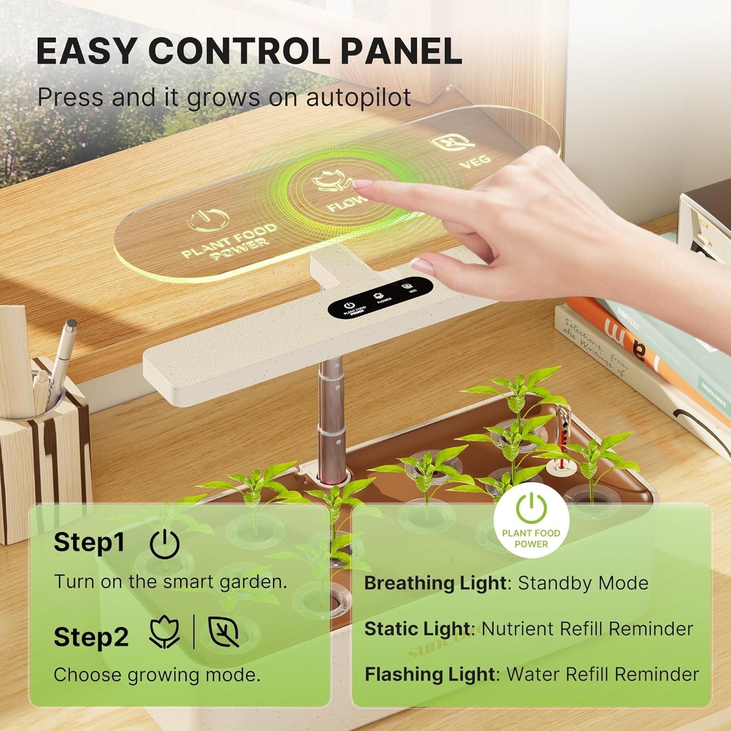 Kit sistem de creștere hidroponică cu 12 capsule, lampă LED de 24W pentru grădină de interior, rezervor de apă de 4L cu pompă silențioasă, jardinieră cu înălțime reglabilă pentru plante aromatice, kit de grădinărit de interior, cadouri de grădinărit, bej