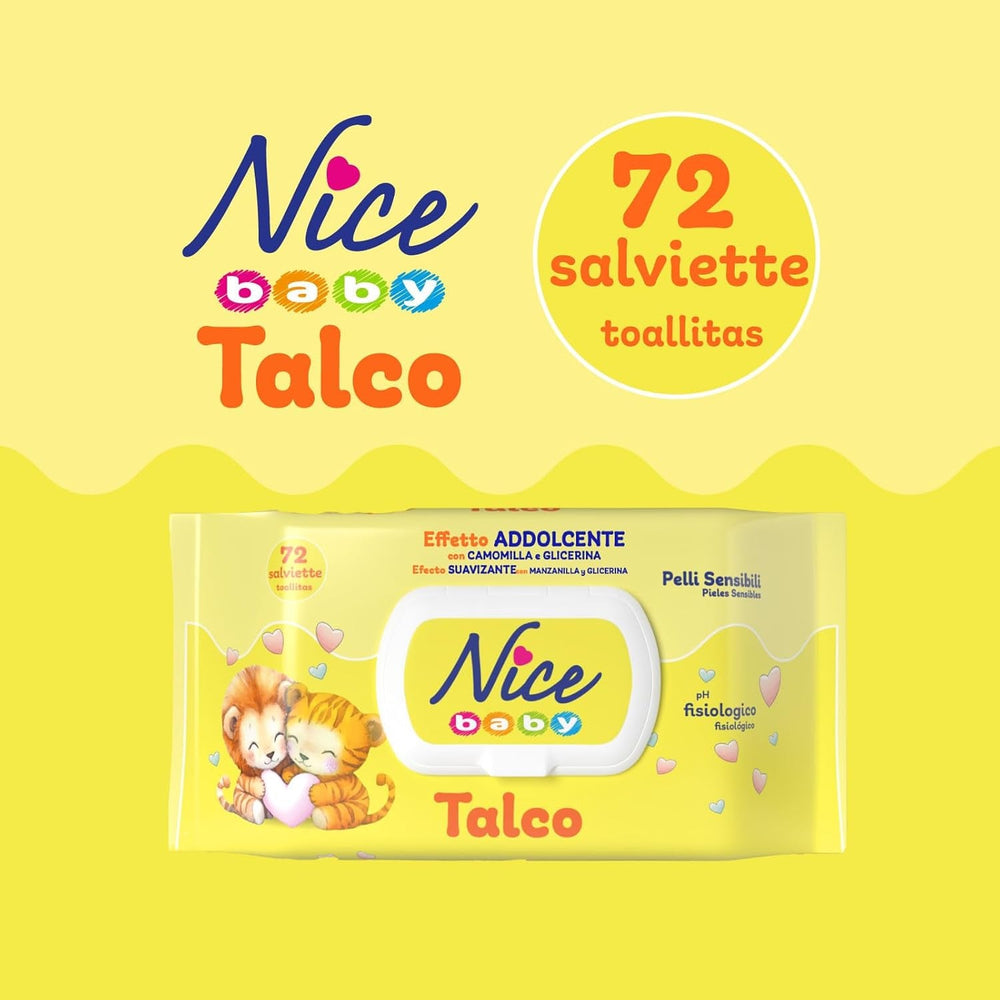 Șervețele umede NICE pentru bebeluși, 72 bucăți, cu capac, parfum de talc, materiale naturale, curățare delicată, bebeluși, 1 buc.