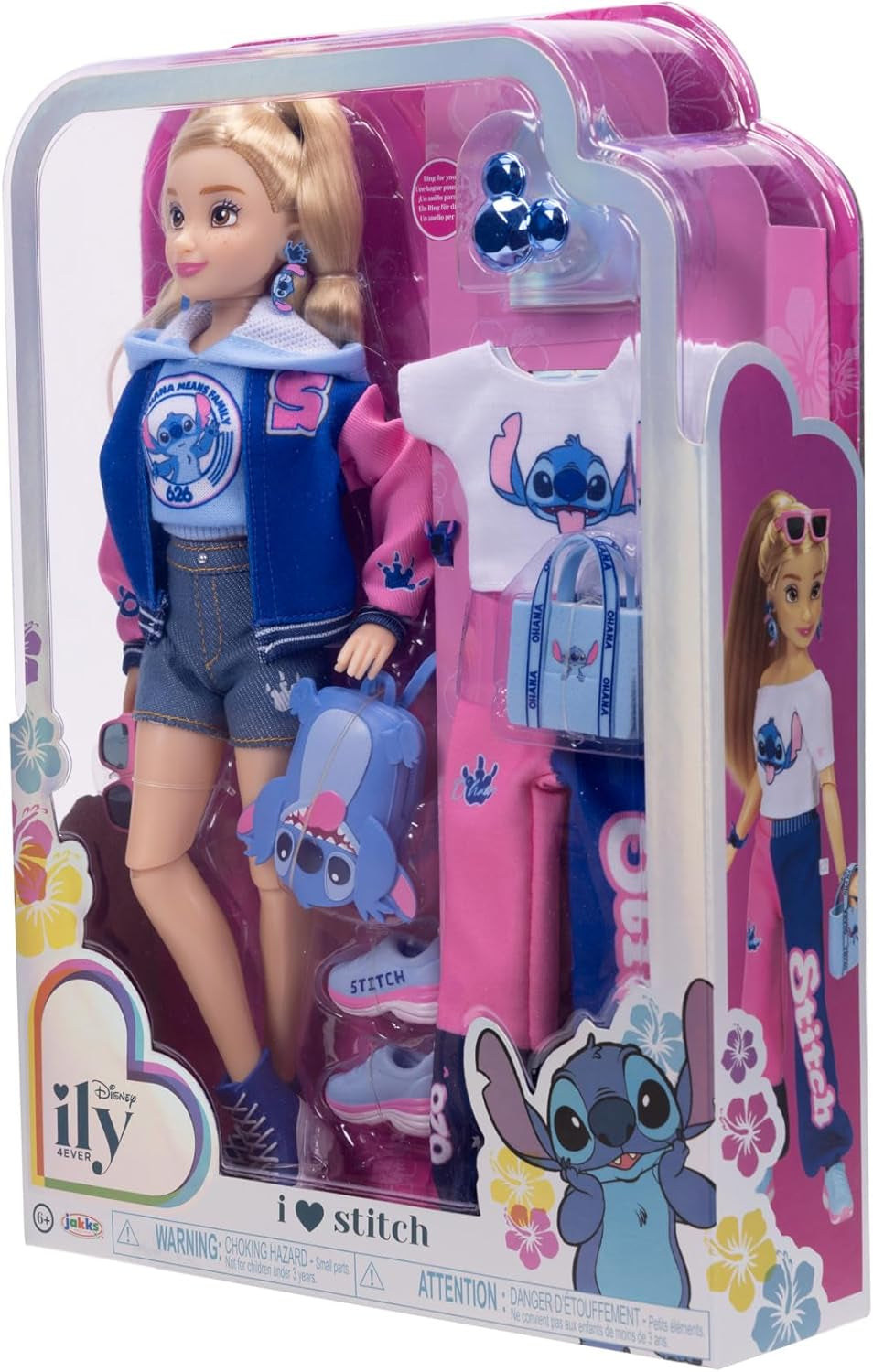 Disney ILY 4EVER Stitch Modepuppe mit Collegejacke und Zubehör, 29 cm, 13 Bewegungspunkte, offiziell lizenziert von Jakks Pacific. Komplett mit kombinierbarem Zubehör und glitzerndem Micky-Ring!
