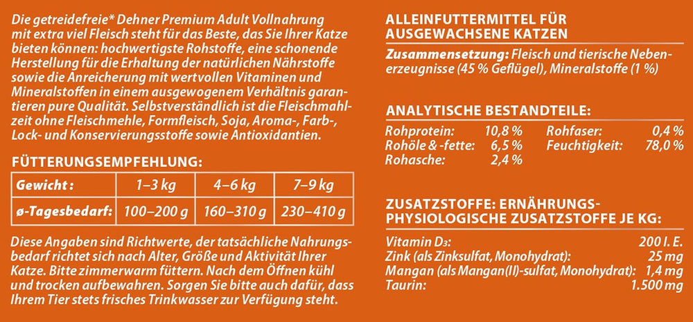 Hrană umedă Dehner Premium pentru pisici, fără cereale, pentru pisici adulte, păsări de curte, 6 conserve a câte 400 g (2,4 kg)