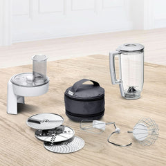 Bosch Küchenmaschine Serie 4 Mum58720, Edelstahl-Schüssel 3,9 L, Mixer 1,25 L, Planetenrührwerk, Knethaken, Schlag, Rührbesen, Durchlaufschnitzler, 3 Scheiben, 1000 W, Dunkelrot/Silber Mutter und Kind Naty Shop