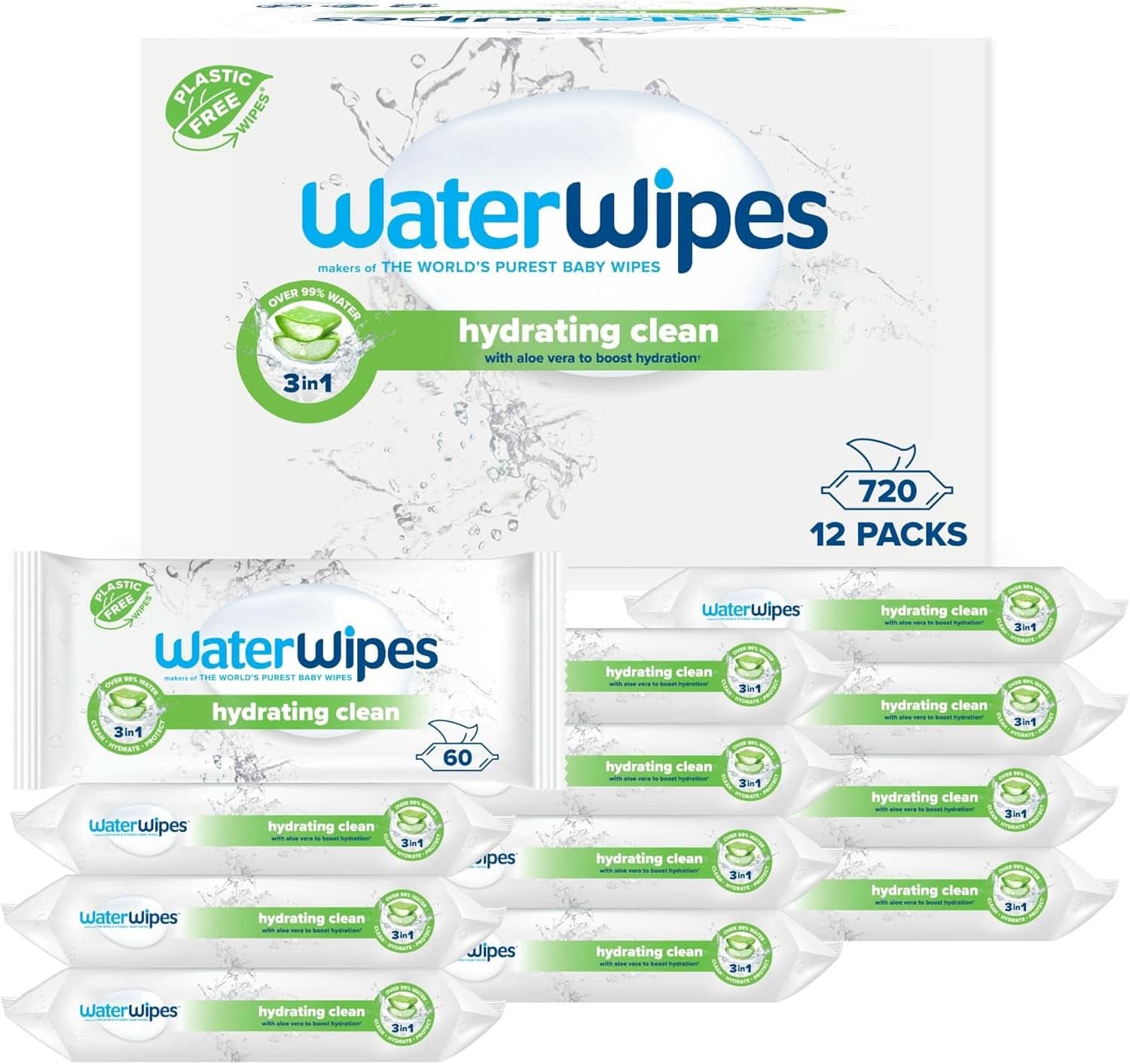 Waterwipes Feuchtigkeitsspendende und reinigende Babytücher mit 99 % Wasser und Aloe Vera-Extrakt, Feuchttücher für Gesicht und Körper, Naty Shop