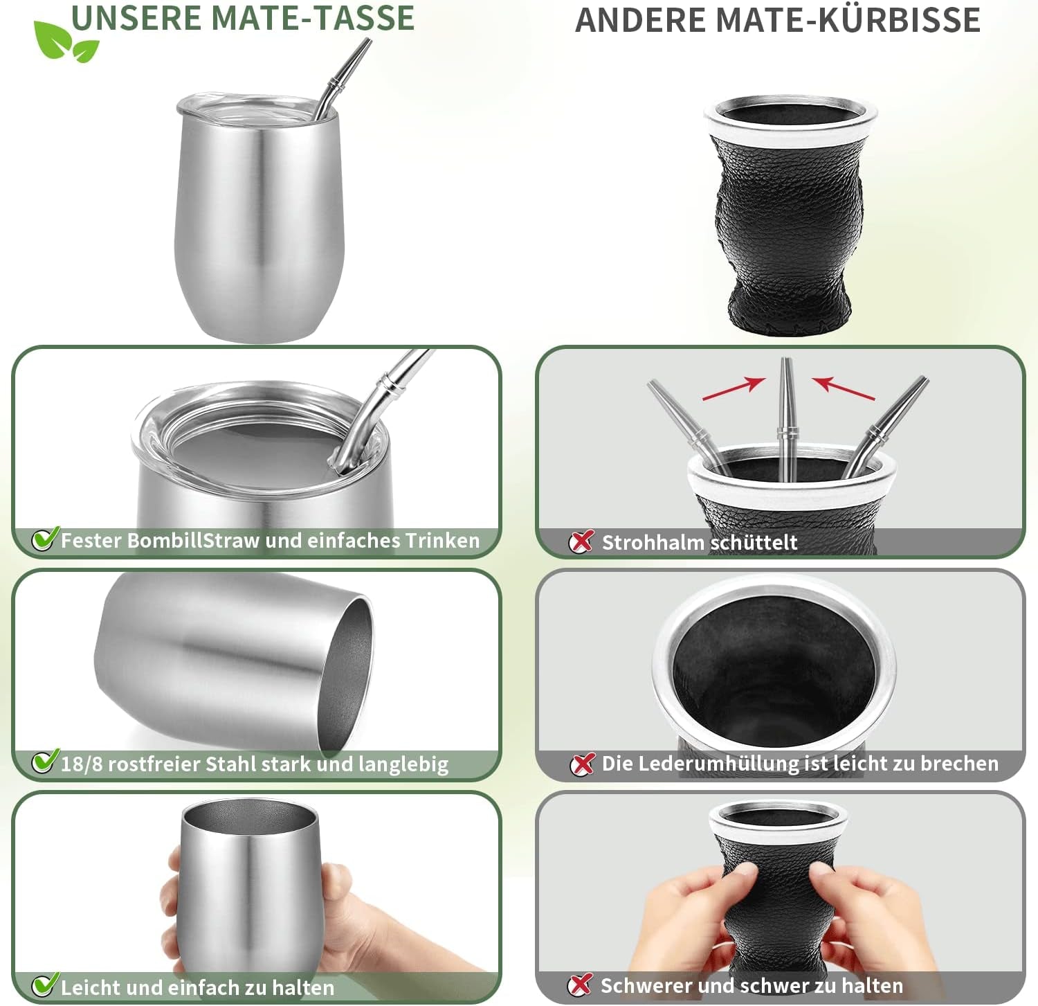 Cana modernă pentru mate 340 ml, set de căni pentru yerba mate din oțel inoxidabil cu pereți dubli izolați, cană pentru ceai mate cu capac fără BPA, bombillas și o perie de curățare (argintiu)