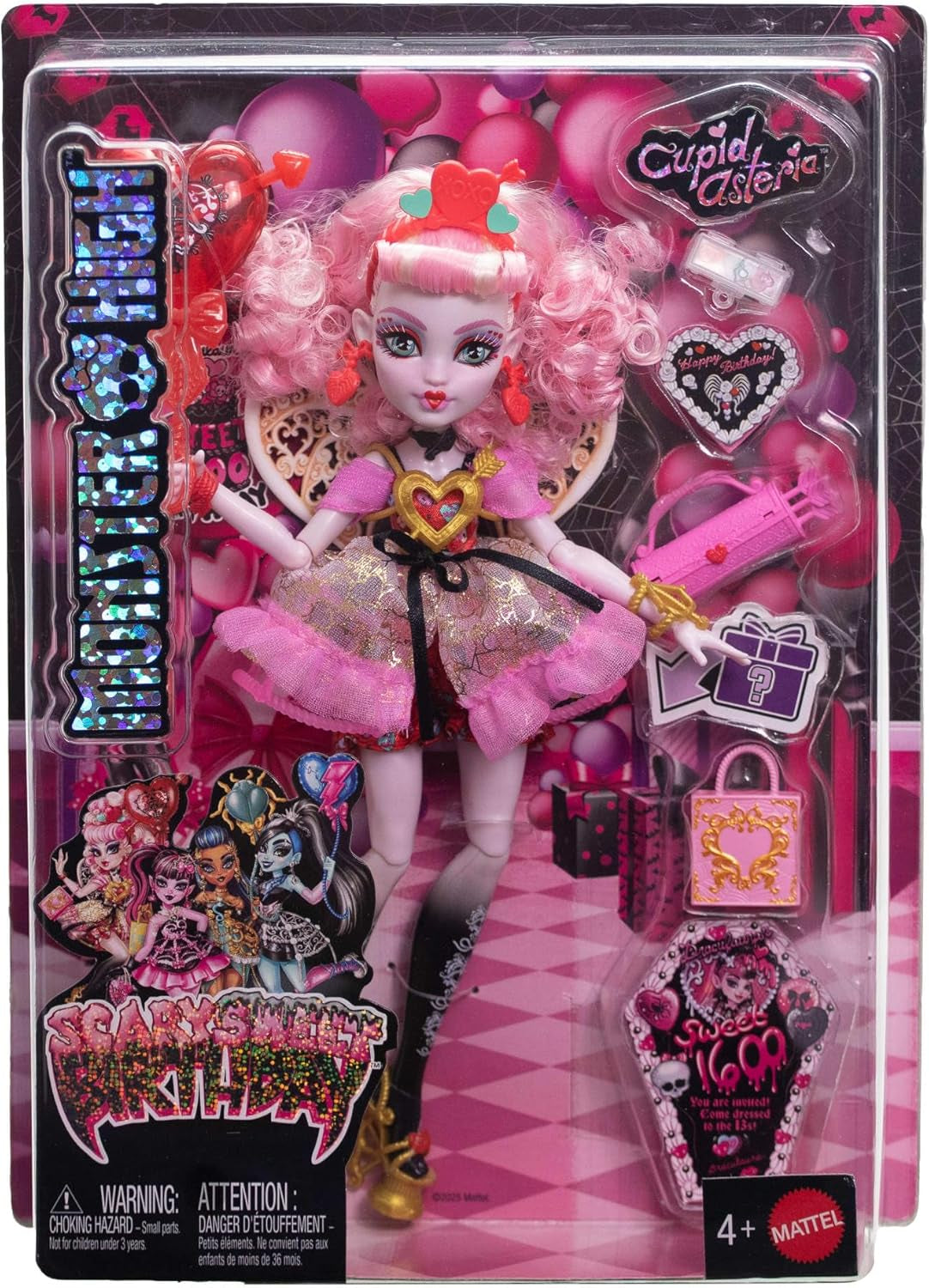 Păpușa Monster High Scary Sweet Birthday, Cupid Asteria, într-o rochie de petrecere roz și roșie, cu accesorii tematice precum invitație, balon, cadou și multe altele, JBG77