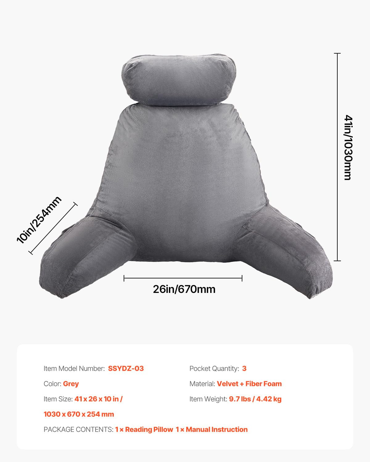 Pernă de citit VEVOR, pernă de pat (mare) cu tetieră detașabilă, pernă pentru spate cu 3 buzunare și material textil lavabil din catifea scurtă și spumă cu memorie mărunțită, lateral cu mâner, pentru vizionarea la televizor, citit, jucat